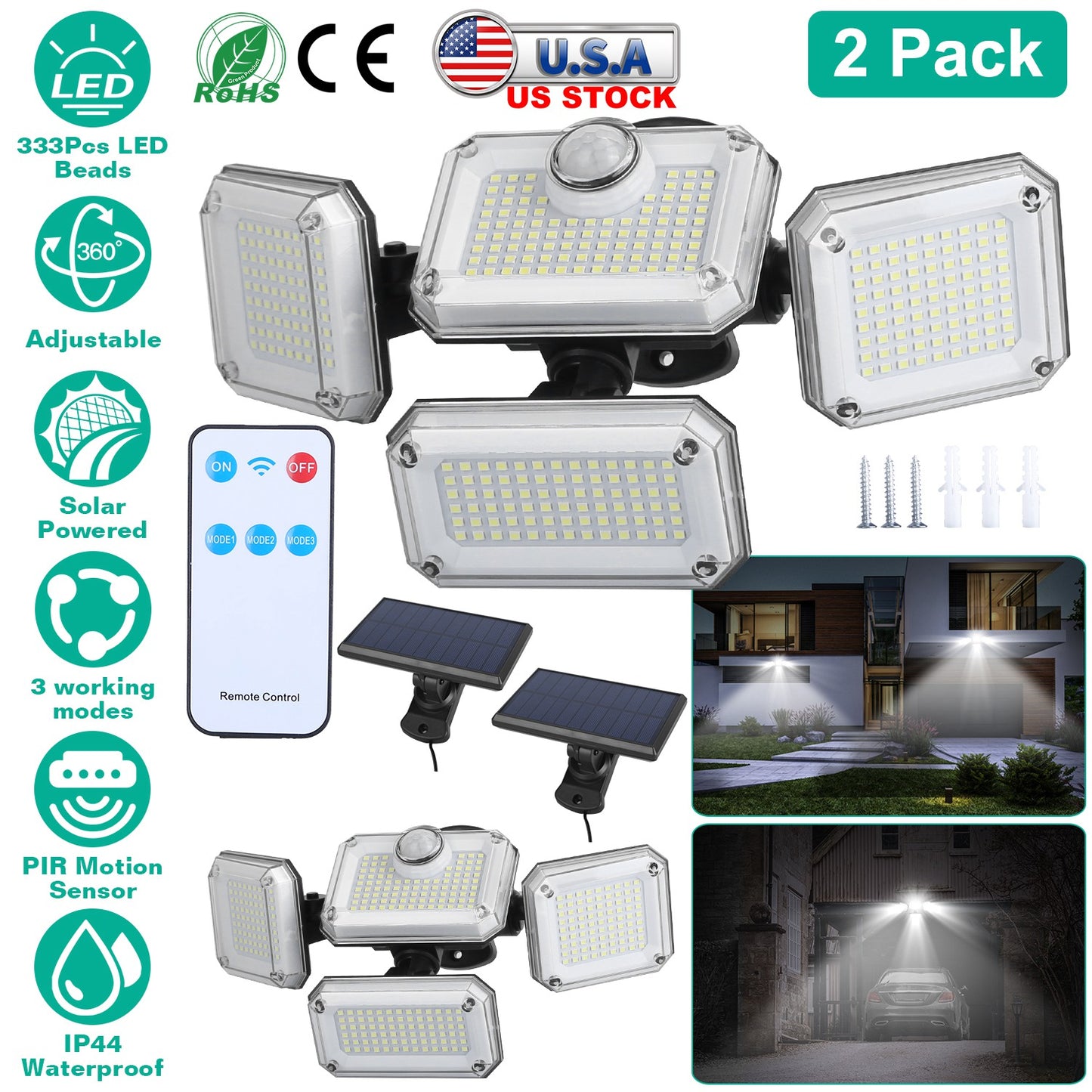 Solar Motion Sensor Wall Light 2-Pack with 333 LED Beads