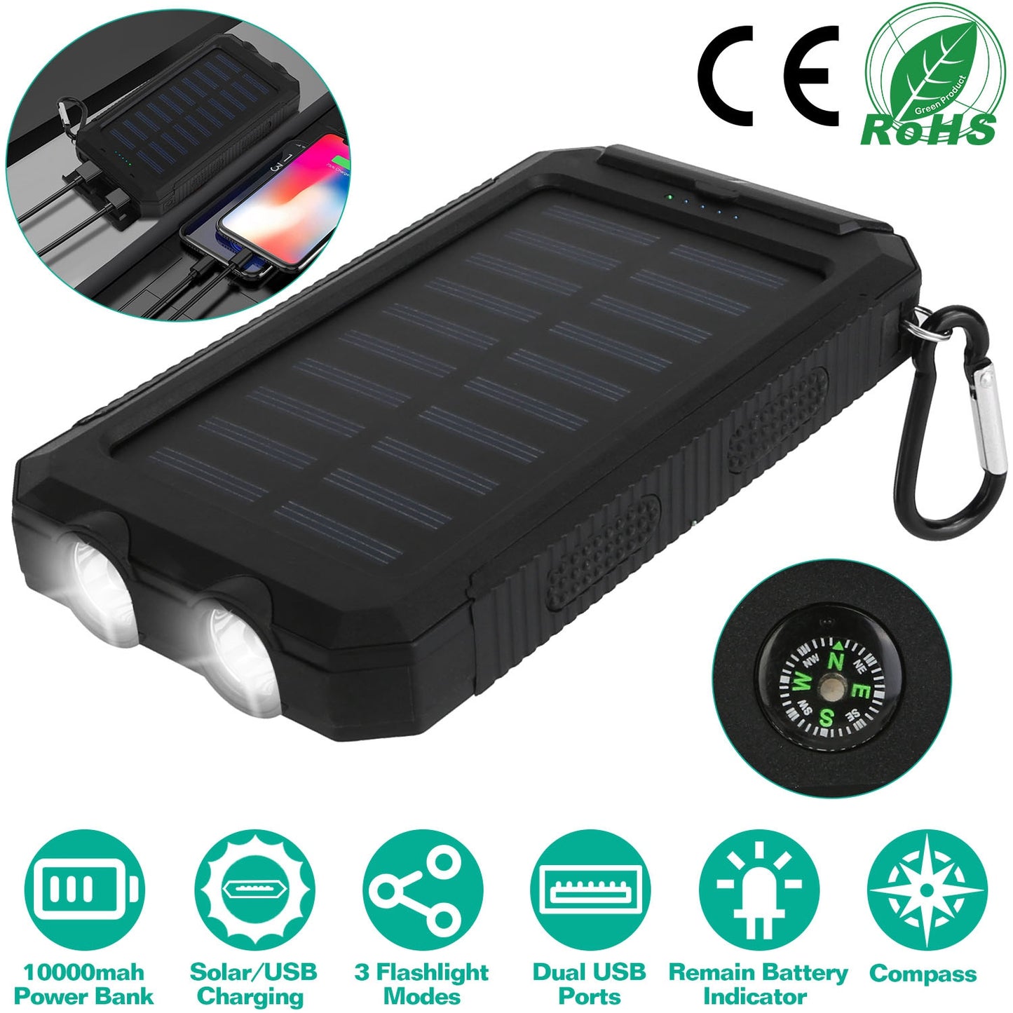10000mAh Solar Power Bank with Dual USB Ports and LED Flashlight