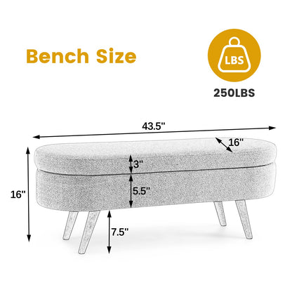 Oval Storage Ottoman Bench, Upholstered Storage Bench with Rubberwood Legs, Multifunctional Entryway Bench for Bedroom L
