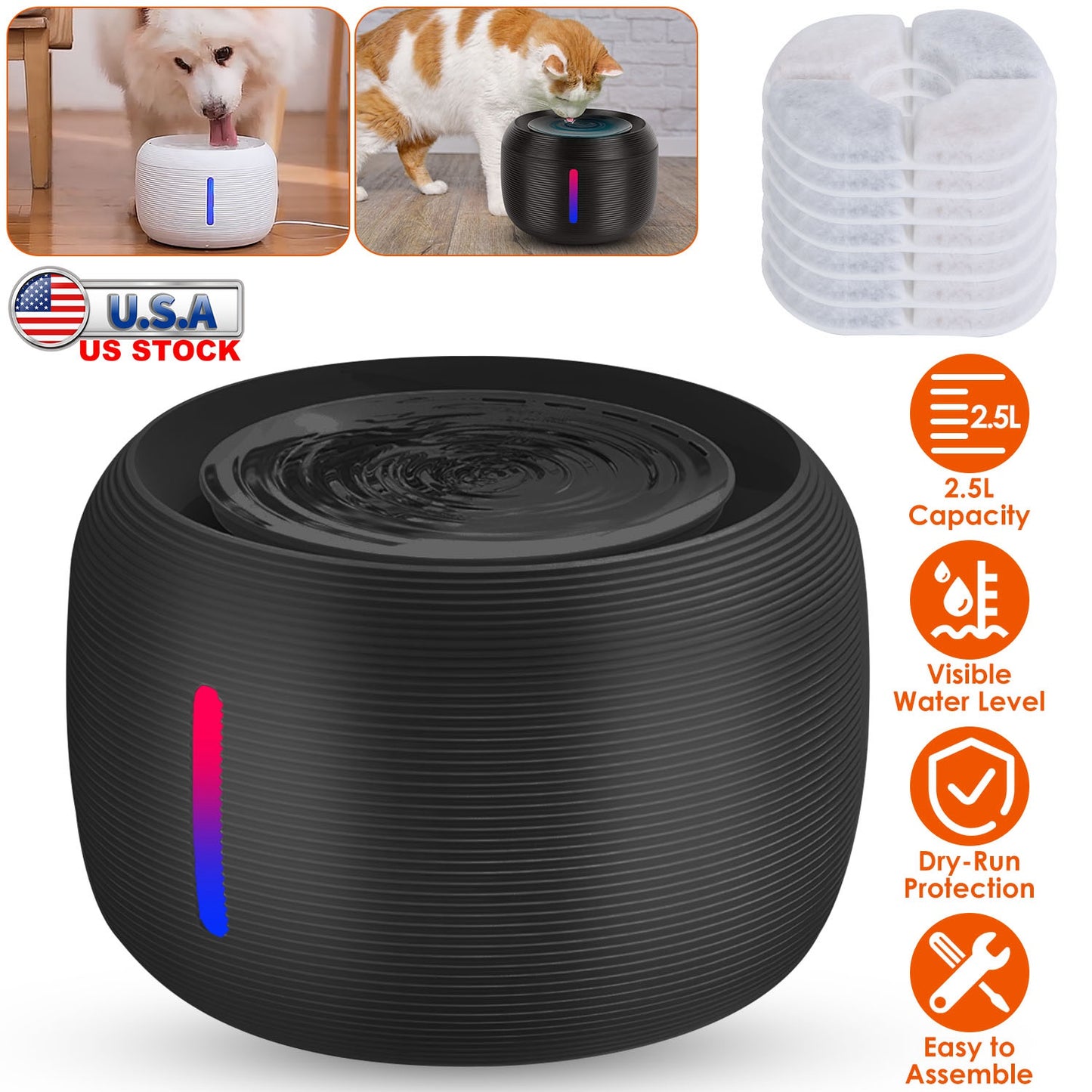 Pet Water Fountain with LED Light and Filters, 2.5L
