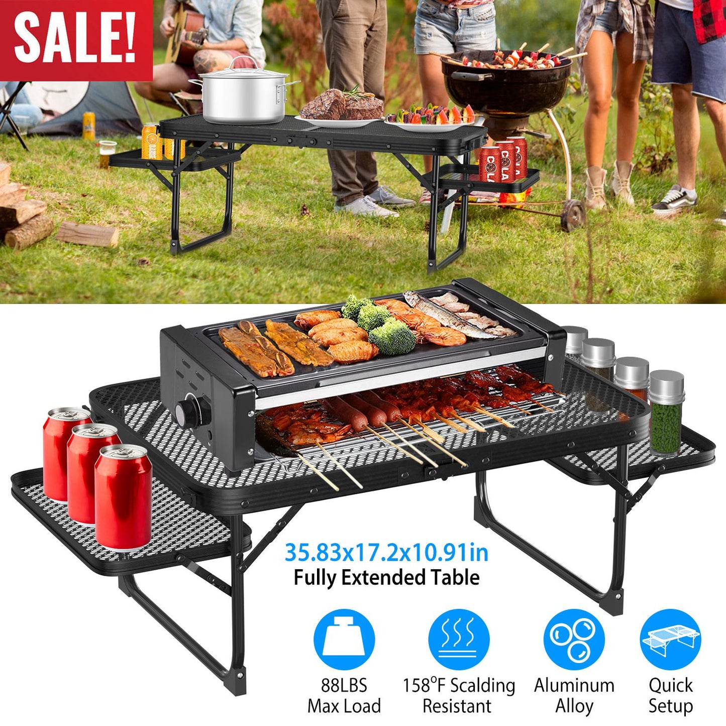 Foldable Camping Table with Dual Side Trays - 88 LBS Capacity