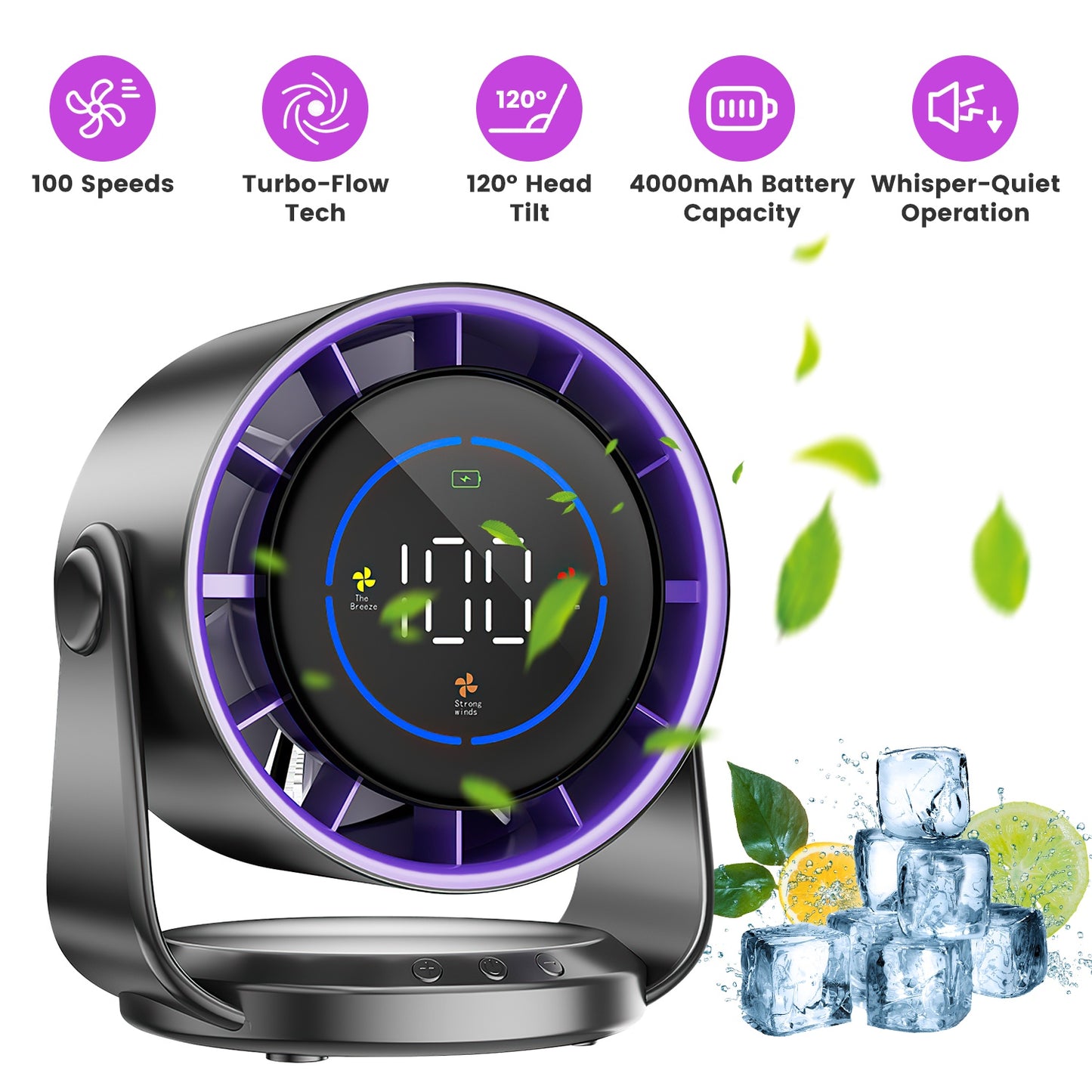 Rechargeable Desk Fan with 100 Speed Settings & Wall Mount