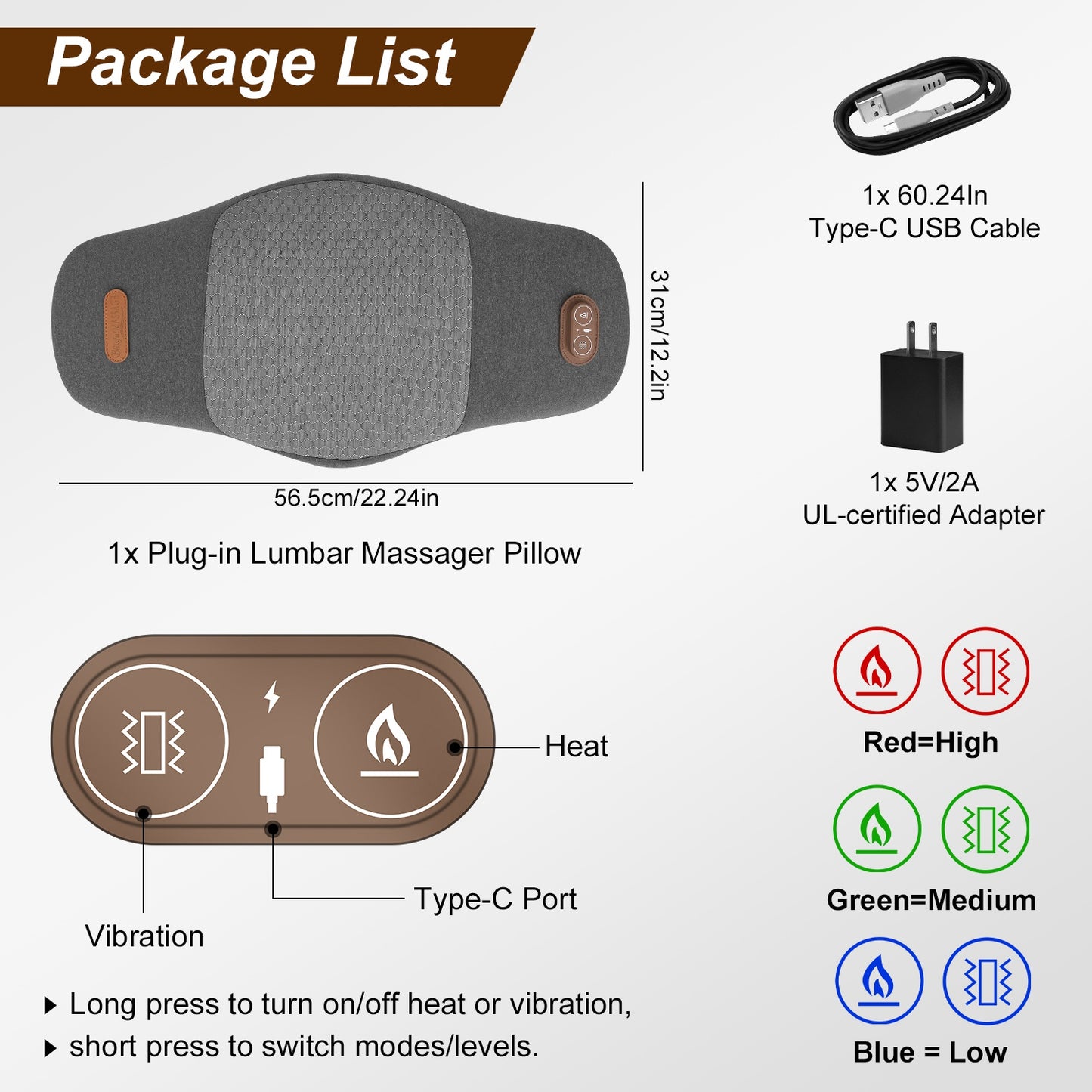 Electric Lumbar Massager Pillow with Heat & Vibration