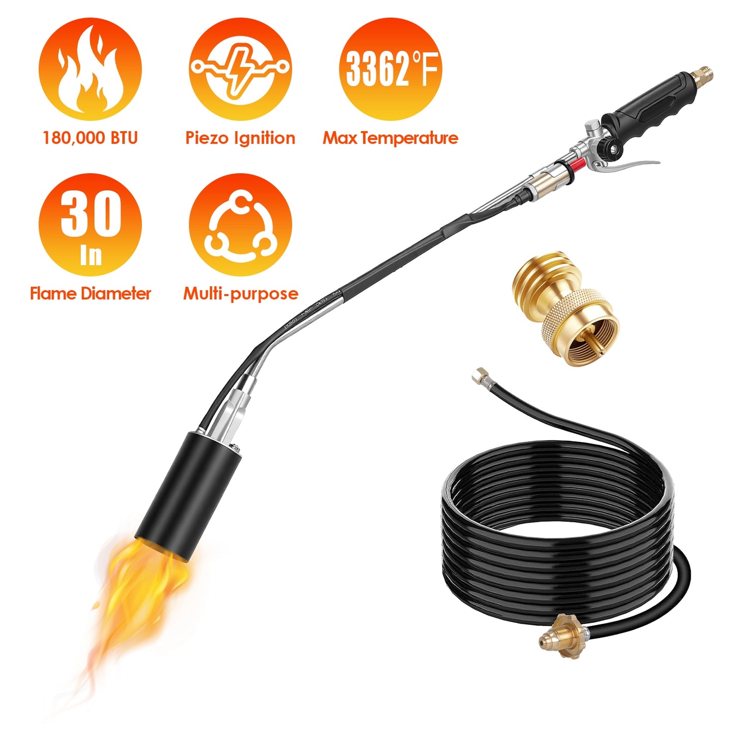 180,000 BTU Propane Weed Torch with 10FT Hose & Piezo Ignition