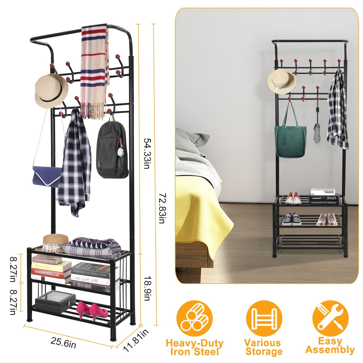 Entryway Hall Tree with Shoe Bench and 18 Hooks