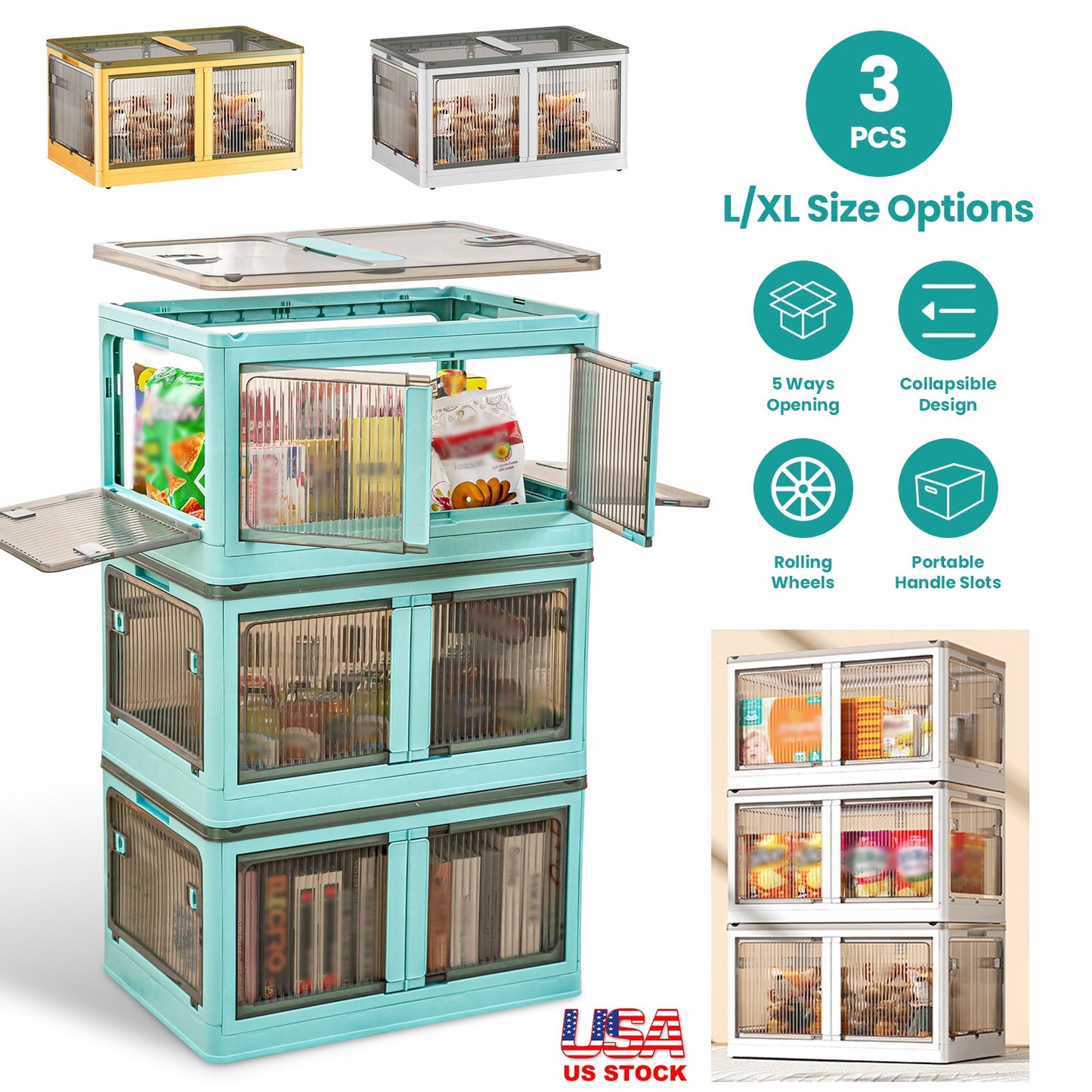 Foldable Storage Bins with Lids & Wheels - 3 Pack Stackable