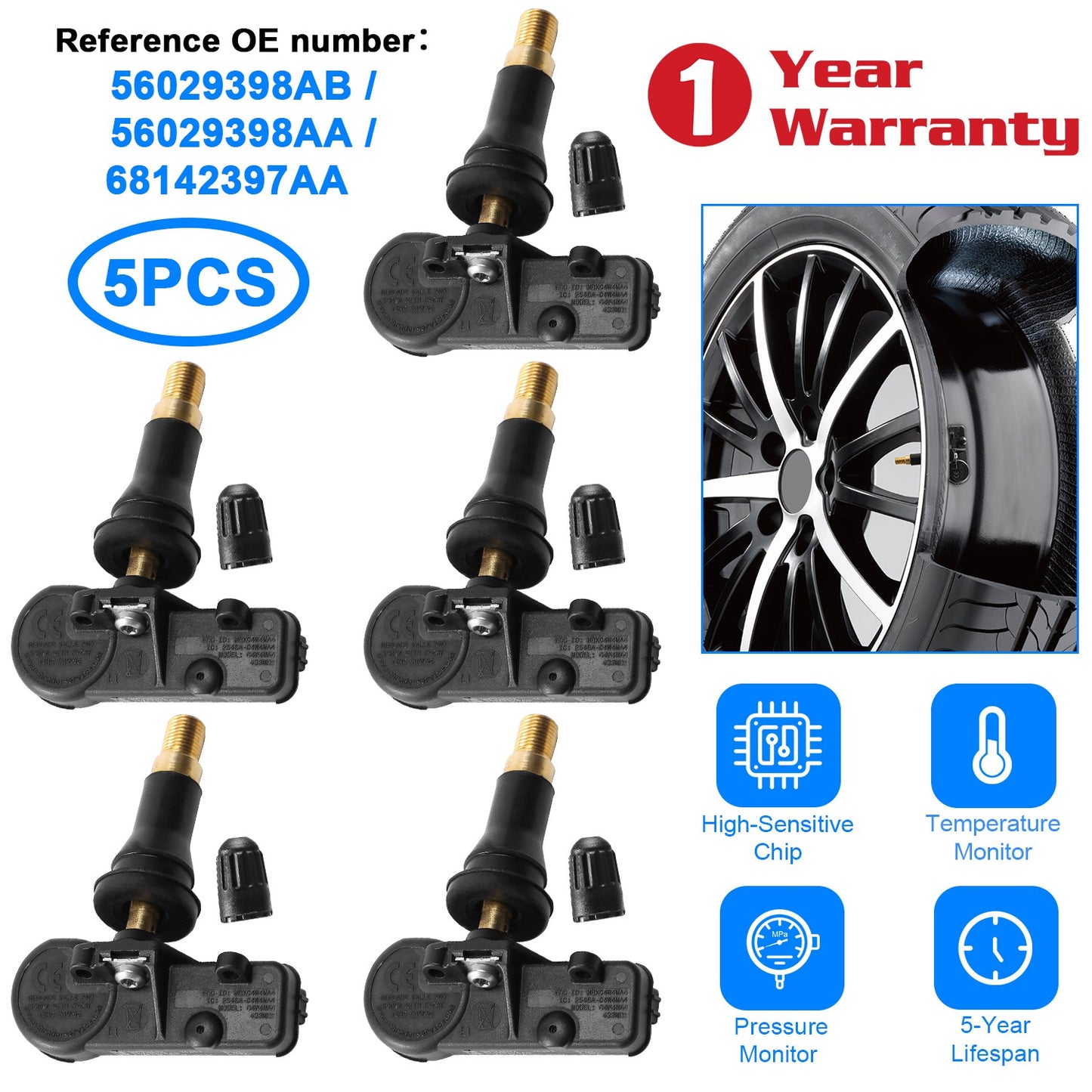TPMS Tire Pressure Sensors for Jeep Chrysler Dodge Ram (5-Pack)