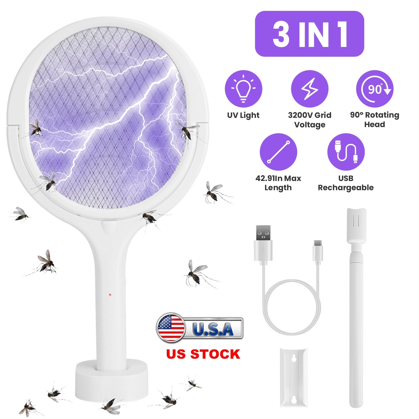 Electric Bug Zapper Racket with 90° Rotating Head & Extension