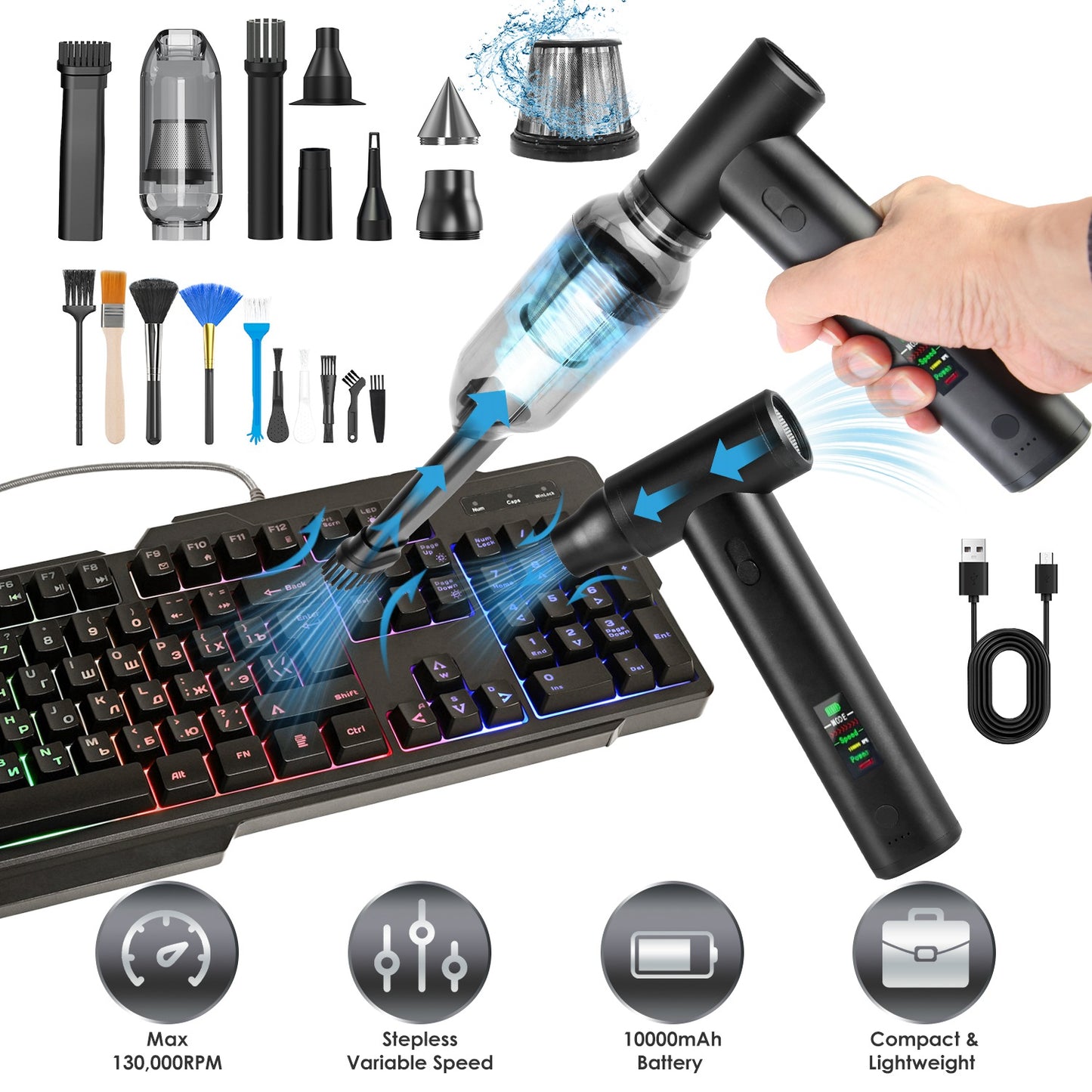 Cordless Air Duster 130,000 RPM with 19 Accessories