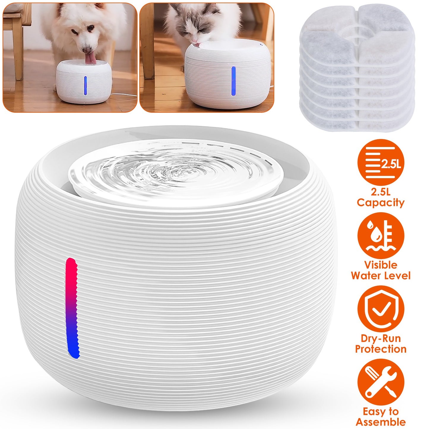 Pet Water Fountain with LED Light and Filters, 2.5L
