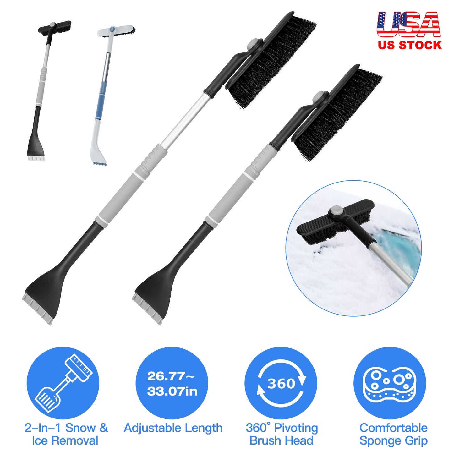 Extendable Snow Brush and Ice Scraper with 360° Pivoting Head