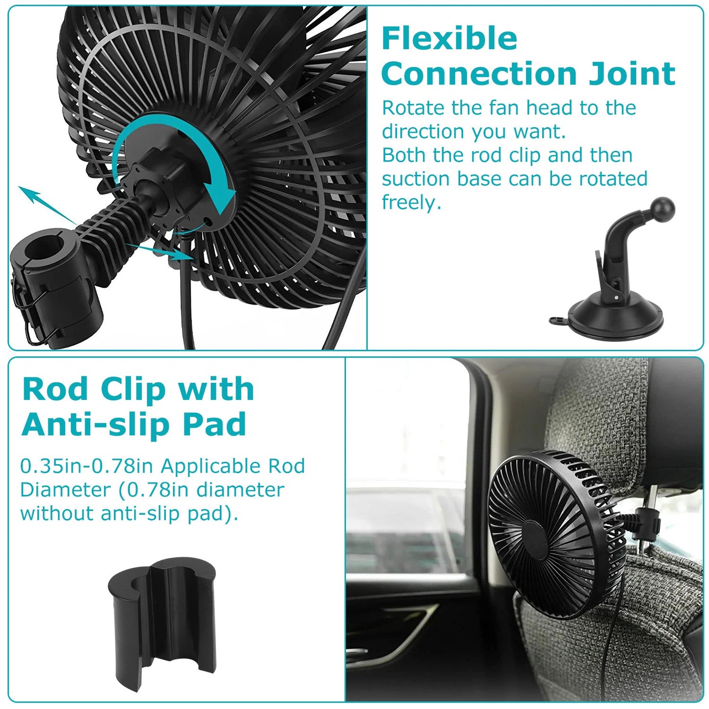 Car Cooling Fan USB Powered with 3 Speeds & Dual Mount