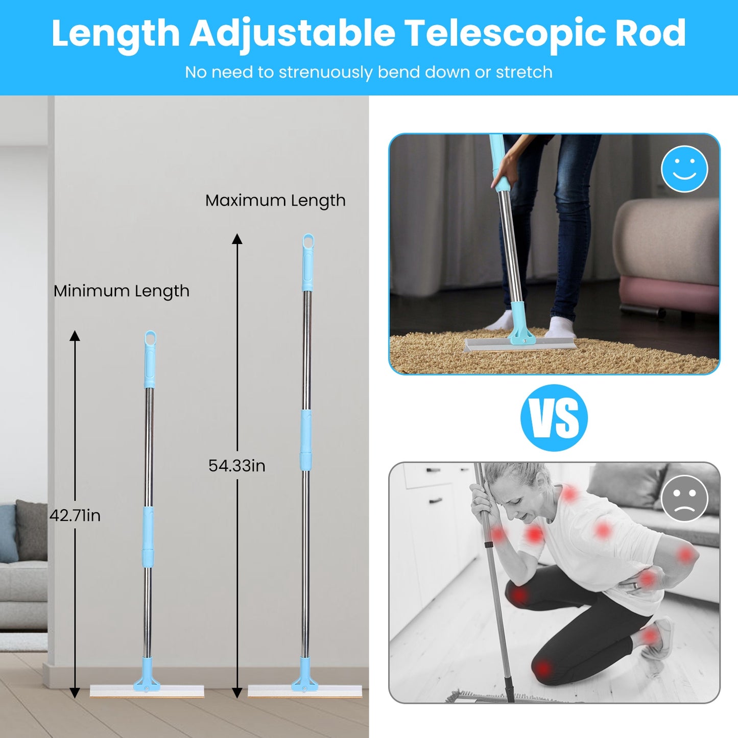 Pet Hair Removal Rake with 54" Adjustable Telescopic Handle