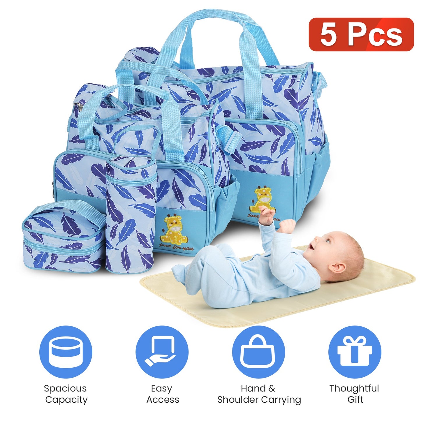 5-Piece Diaper Bag Set with Bottle Bag and Changing Pad