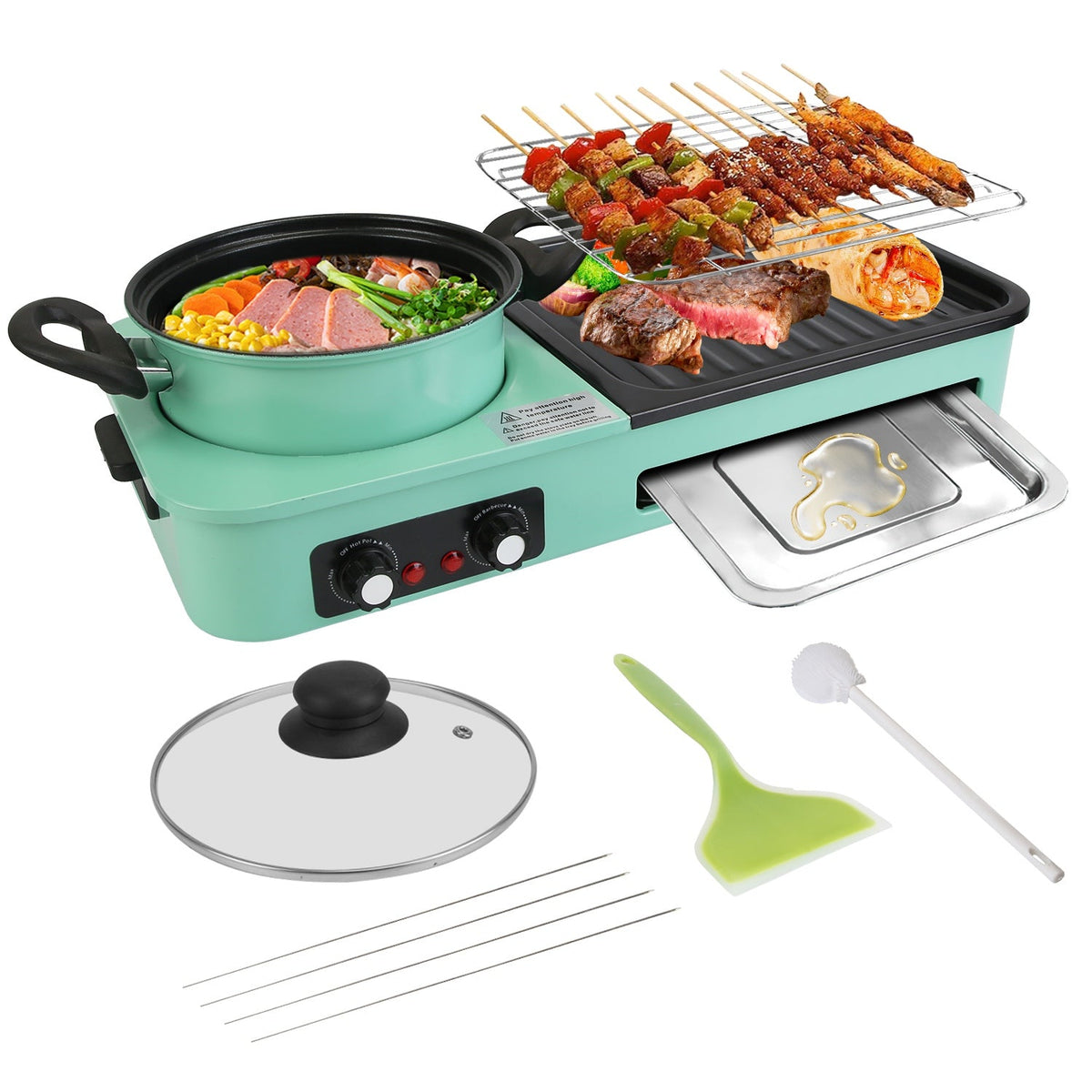 3 in 1 Electric Hot Pot with Grill 1600W Smokeless Non-Stick Korean BBQ Grill Shabu Shabu Hot Pot Combo with Independent Temperature Control for 3-5 P