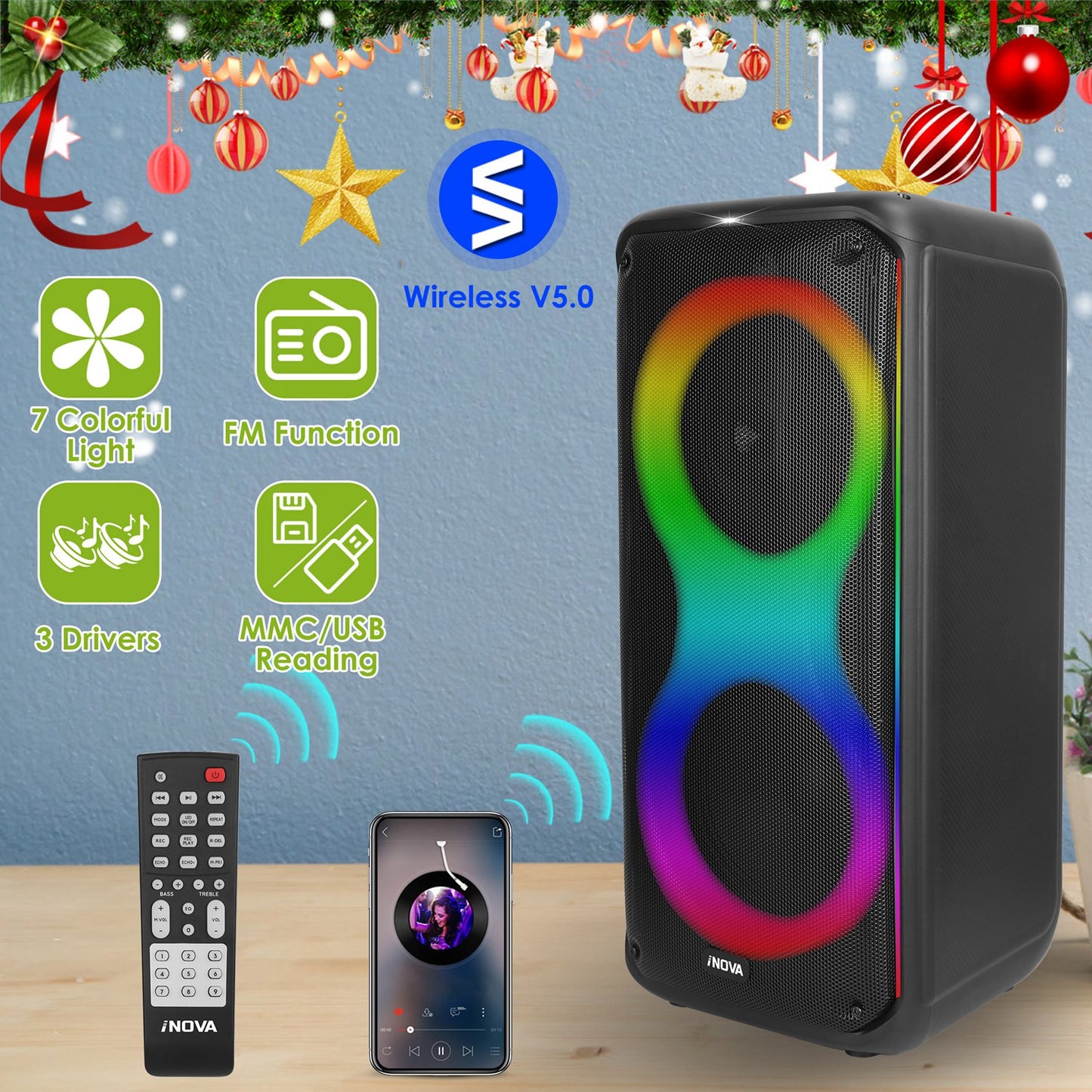 Portable Wireless Party Speaker with RGB Lights & Remote