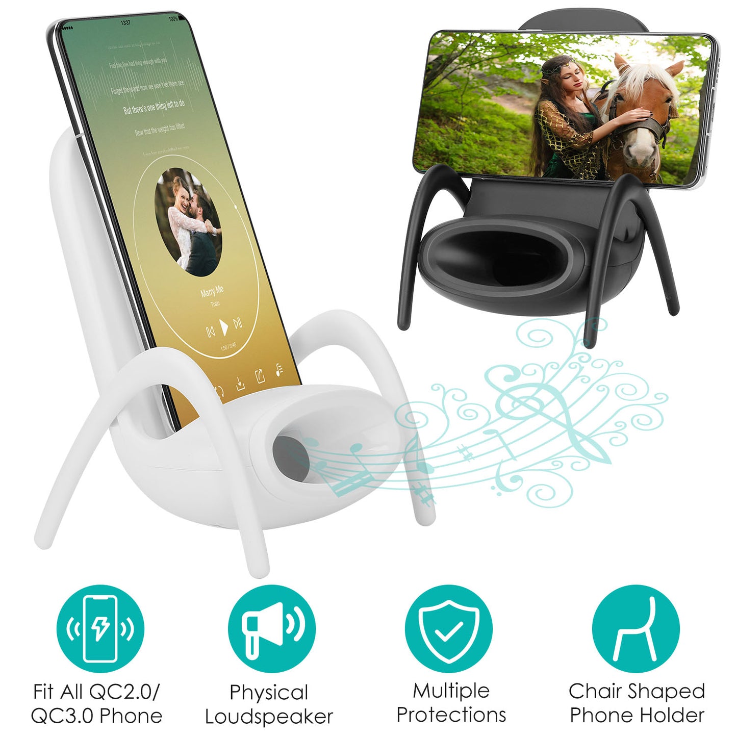 Wireless Charger Phone Stand with Speaker - Mini Chair Design