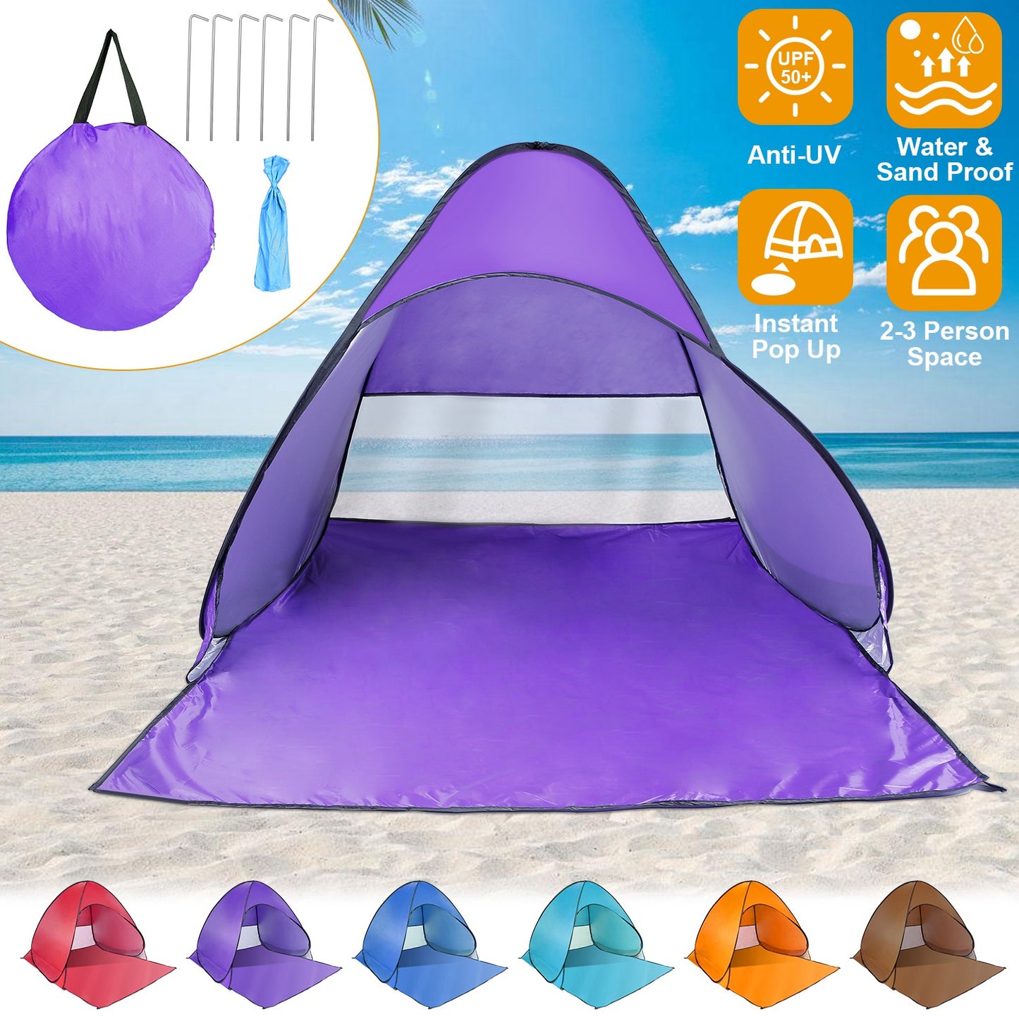 Pop Up Beach Tent with UPF50+ Sun Protection for 2-3 People