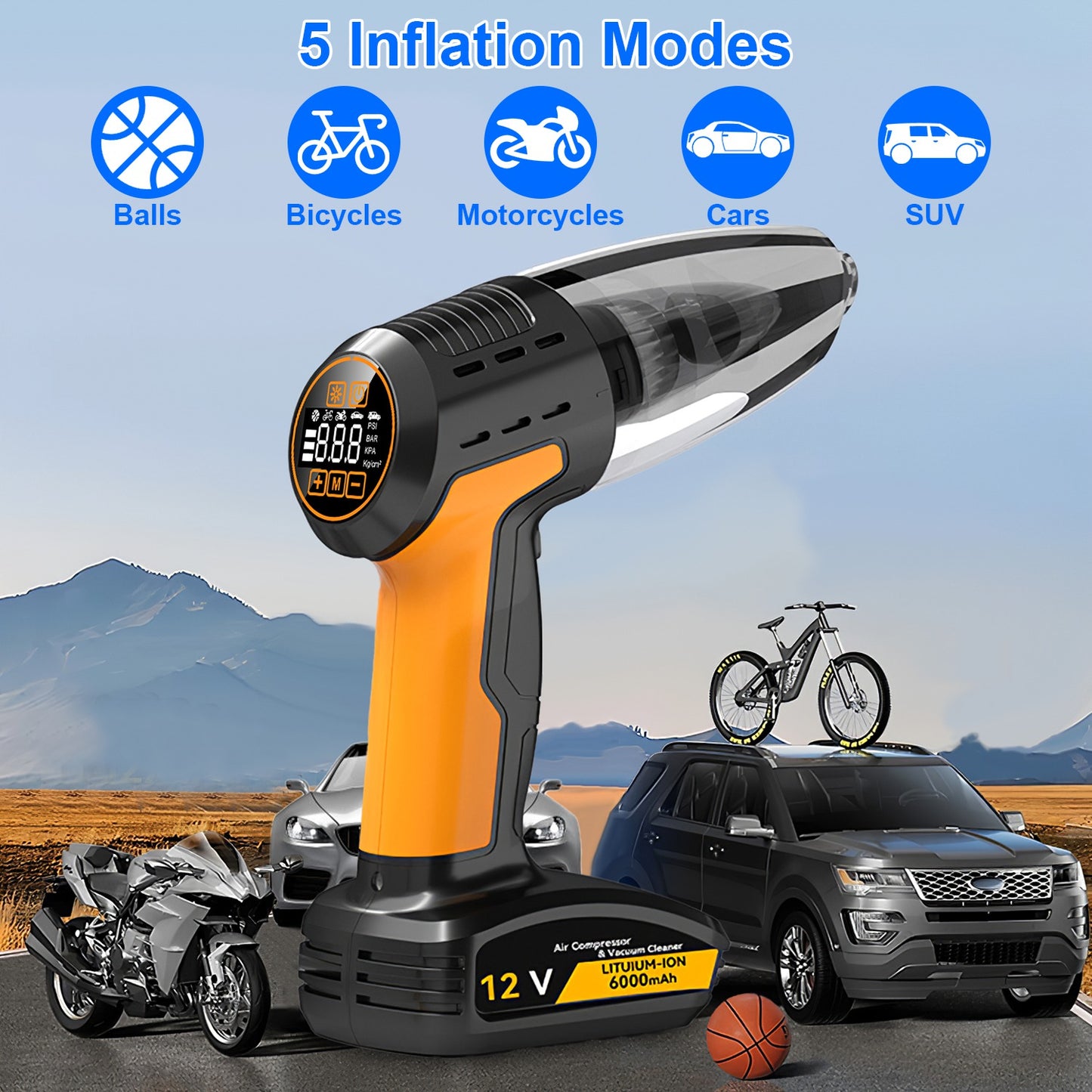 4-in-1 Cordless Car Vacuum Cleaner & Tire Inflator with LED