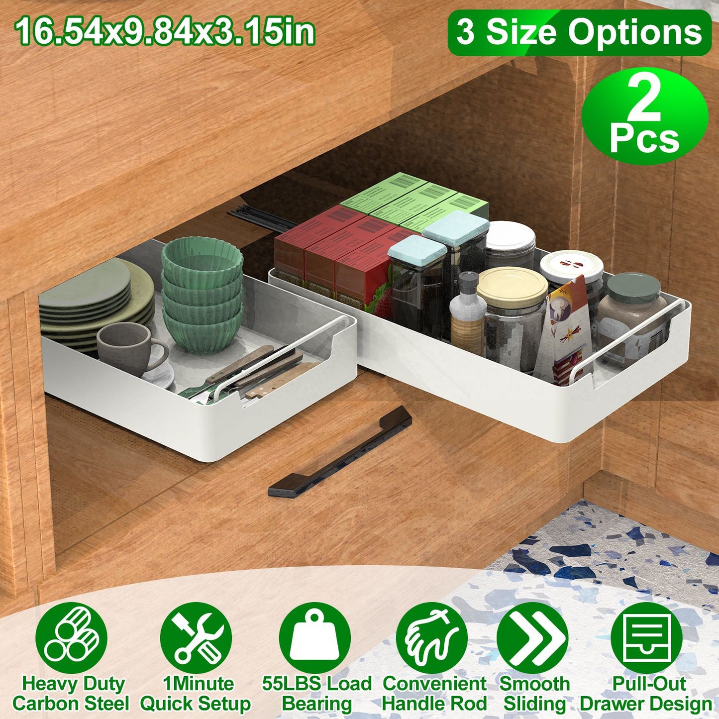 Pull Out Cabinet Organizers - 2 Pack Carbon Steel Sliding Drawers