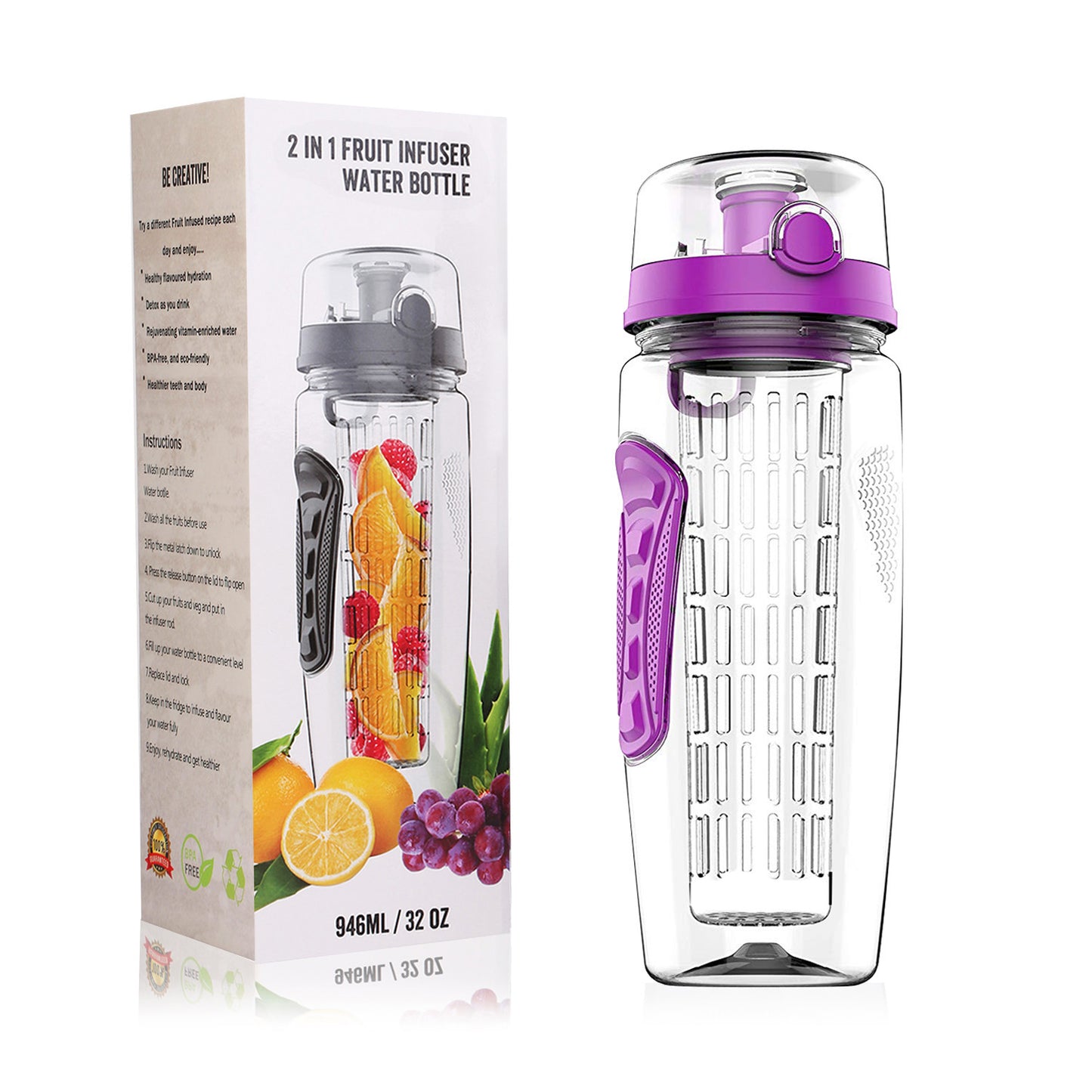 Fruit Infuser Water Bottle 32oz with Flip Top Lid