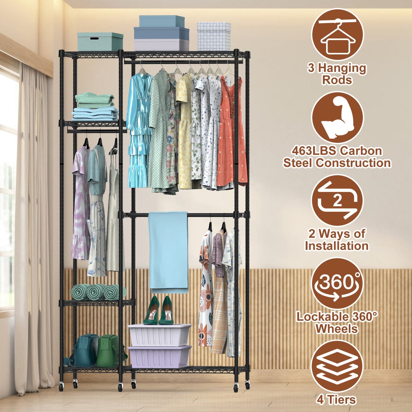 4-Tier Heavy Duty Garment Rack with Wheels - 463 lbs Capacity