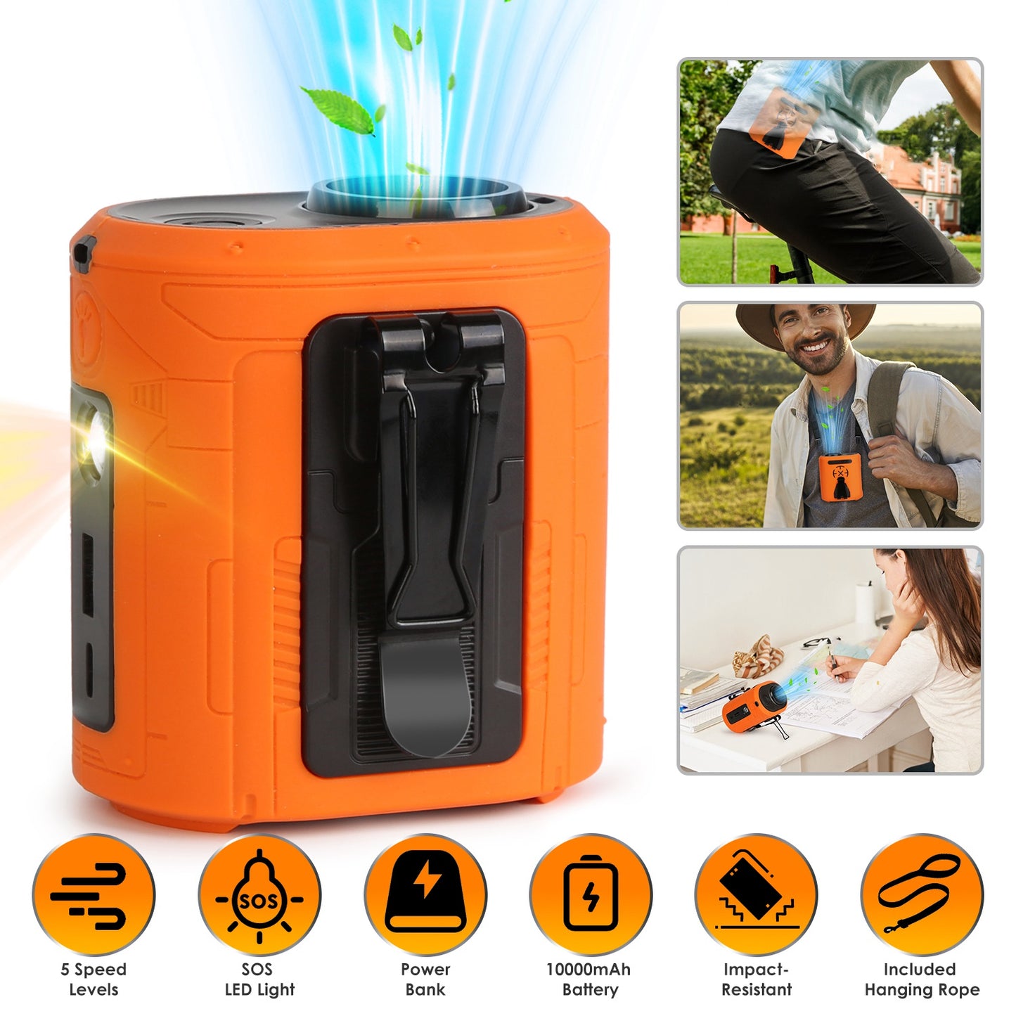 Portable Waist Clip Fan 5-in-1 with 10000mAh Power Bank