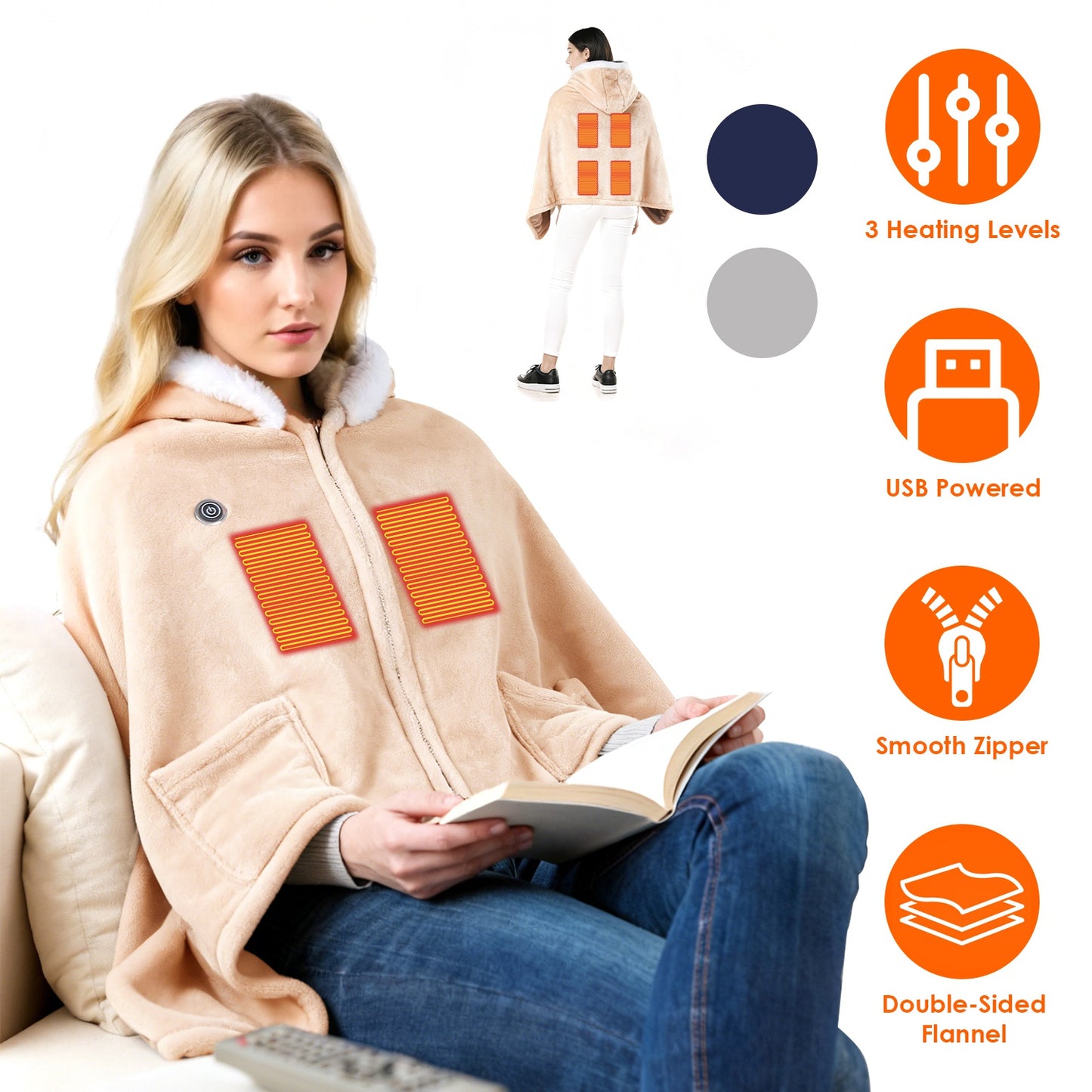 Wearable Heated Blanket with 8 Heating Zones & 3 Temperature Levels