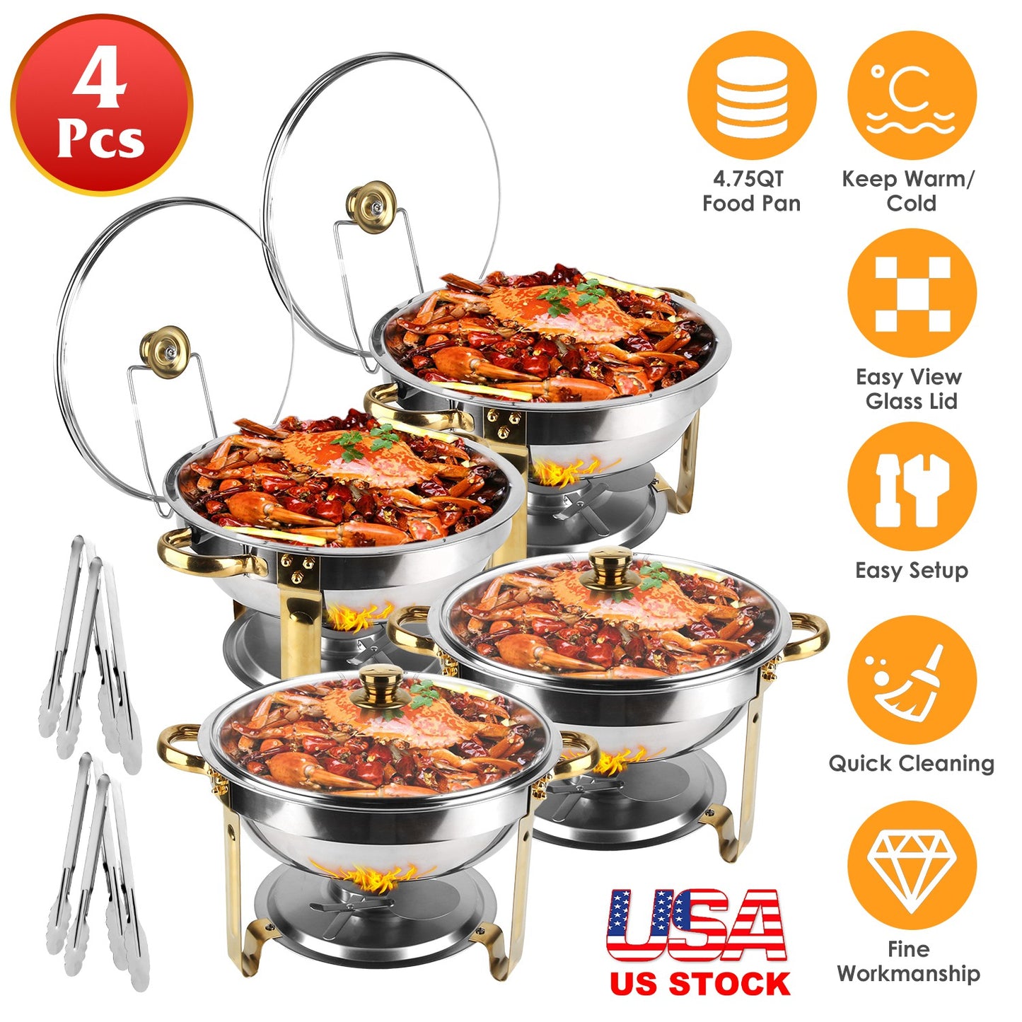 Chafing Dish Buffet Set 4-Pack 4.76QT Round Stainless Steel