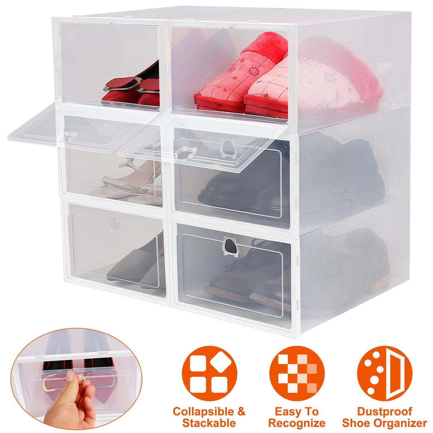 Collapsible Shoe Storage Boxes - Stackable Clear Organizer (6-Pack)