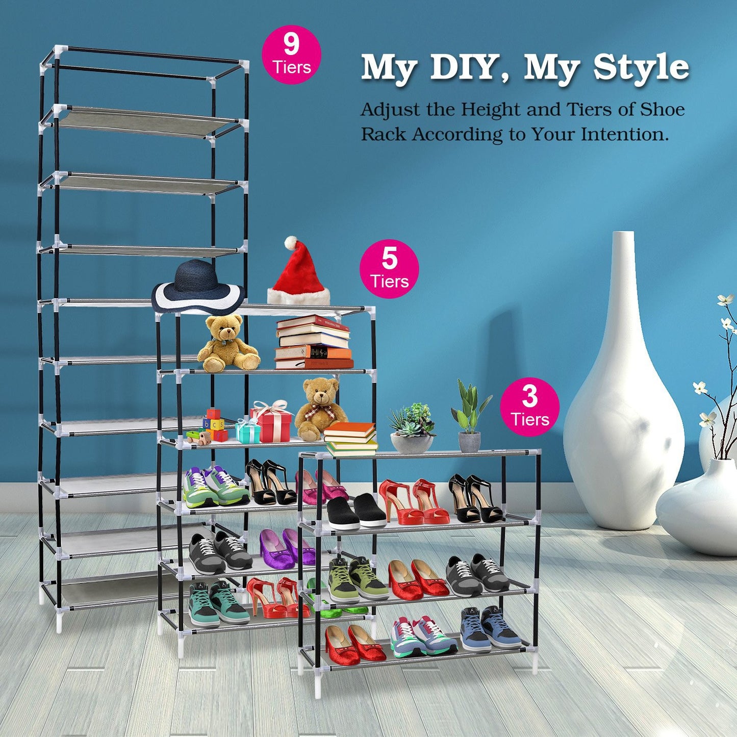 10-Tier Shoe Rack with Dustproof Cover - Holds 27 Pairs