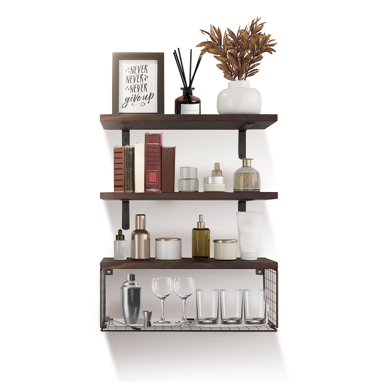 Floating Shelves Wall Mounted with Storage Basket - 3 Tier Wood