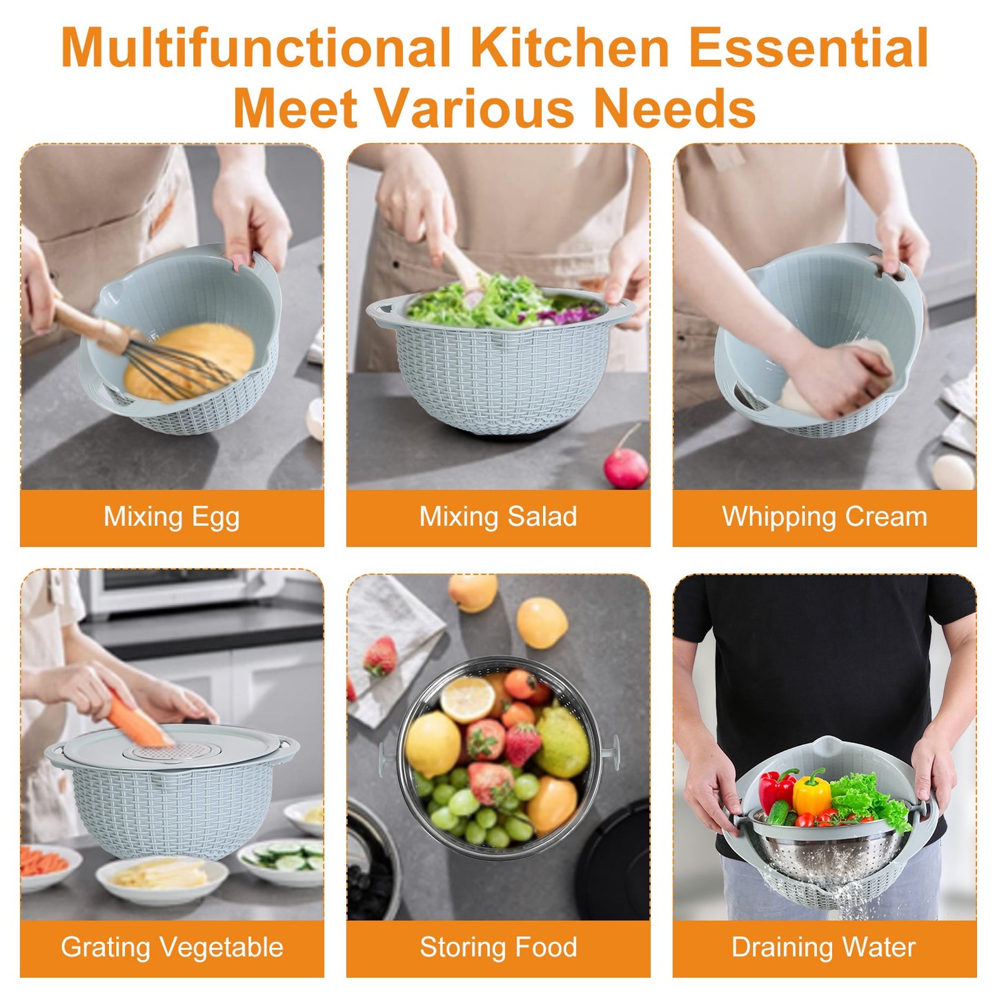 Mixing Bowl with Colander Set & 3 Graters - Multifunctional