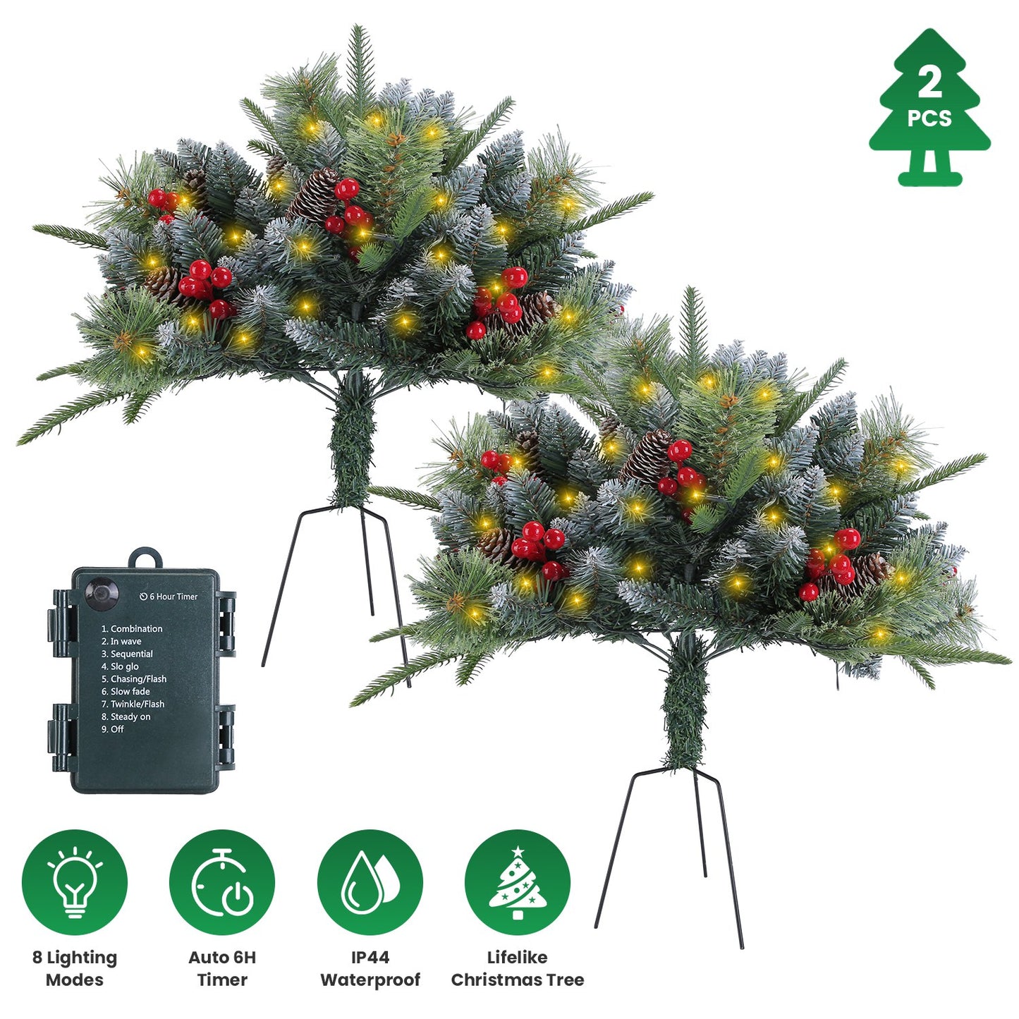 LED Christmas Tree Urn Filler with Lights and Timer - 2 Pack