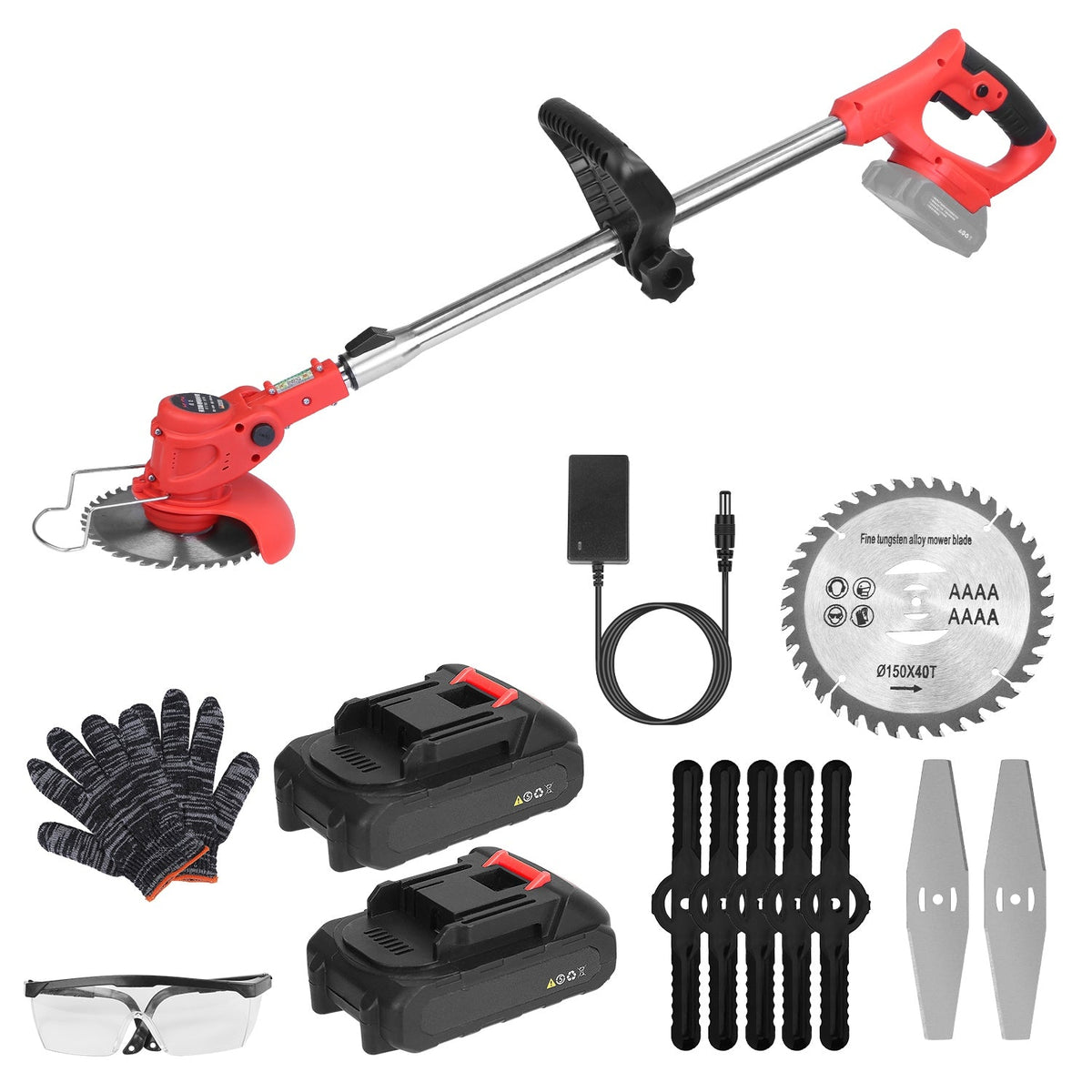 Electric Cordless Grass Trimmer Rechargeable Lawn Mower Weed Cutter with 2 Alloy Saw Blades 2 Alloy Blades 10 Plastic Blades 2 Rechargeable Batteries