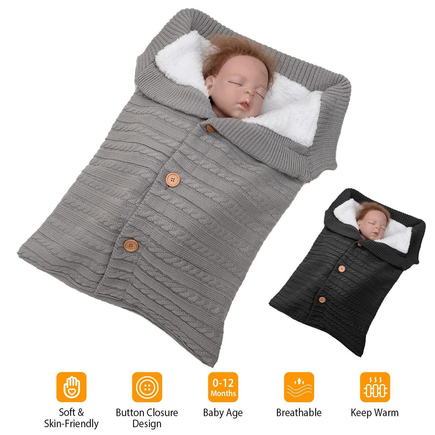 Baby Knit Swaddle Blanket with Button Closure 0-12 Months