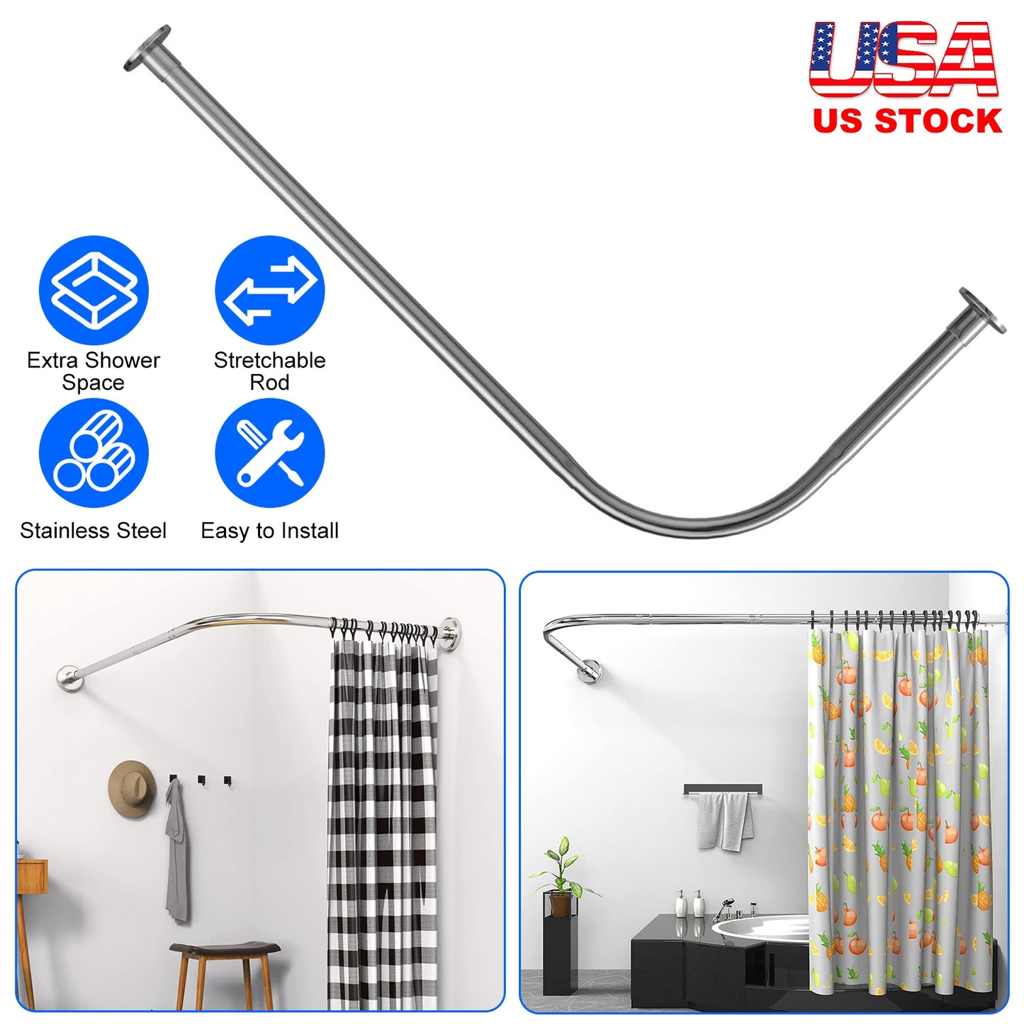 L-Shaped Curved Shower Curtain Rod - Stainless Steel
