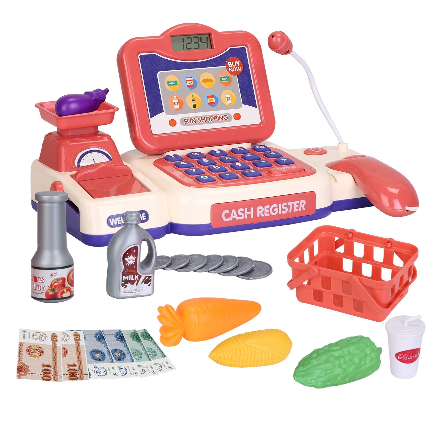 Kids Cash Register Pretend Play Toy with Scanner & Accessories