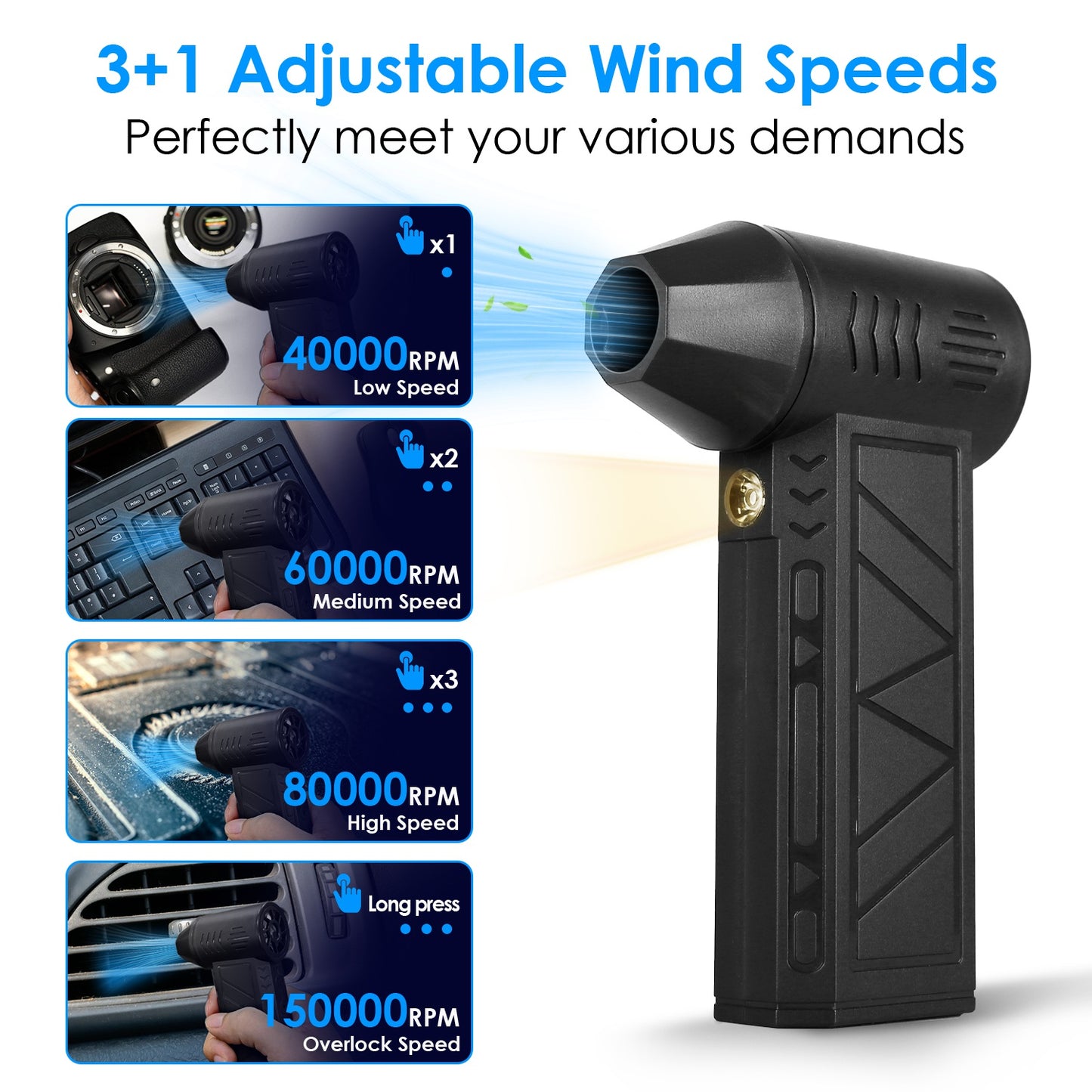Compressed Air Duster with LED Light – 150000RPM Cordless