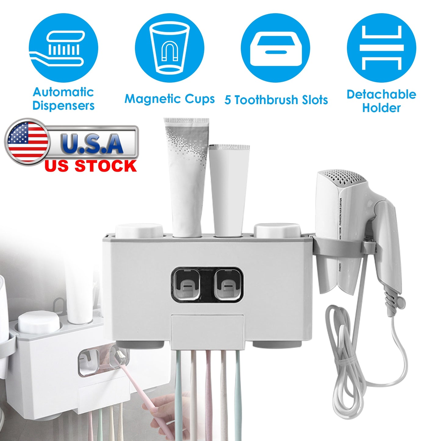 Wall Mount Toothbrush Holder with Automatic Toothpaste Dispenser