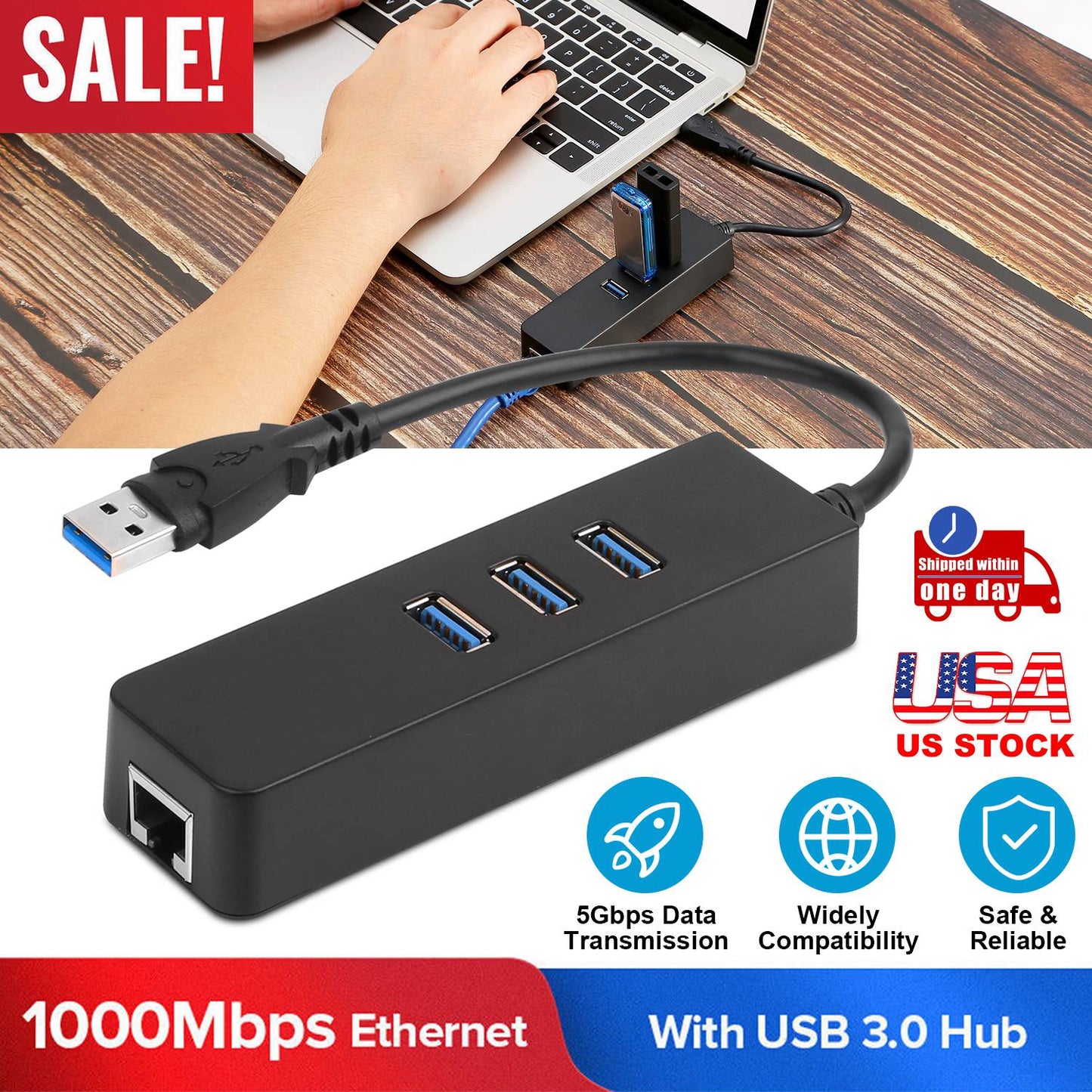 USB 3.0 Hub with Gigabit Ethernet Adapter - 3 Port