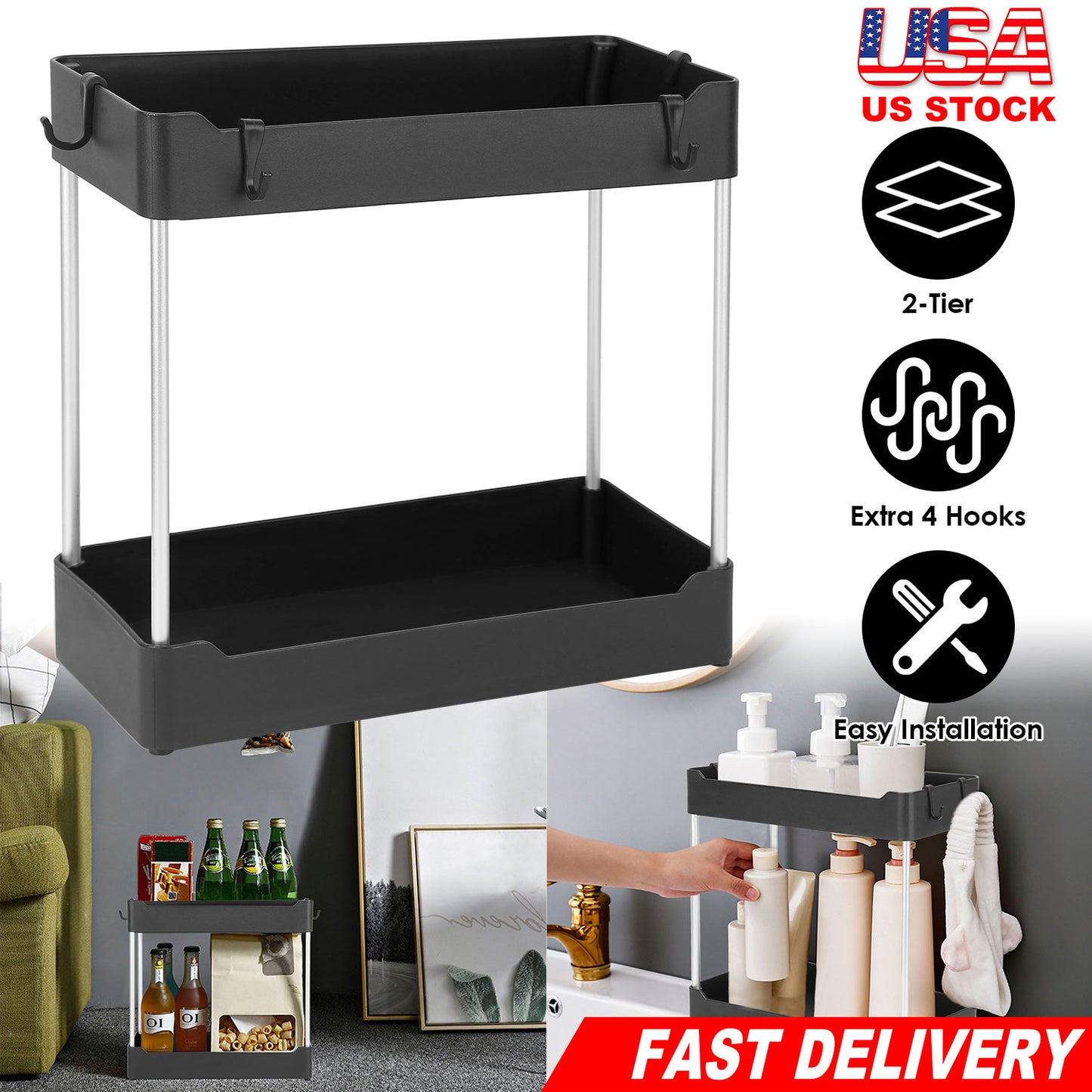2-Tier Under Sink Organizer with 4 Hooks