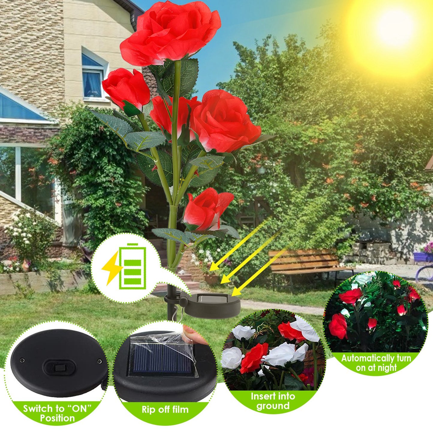 Solar Rose Flower Stake Lights - 2 Pack Outdoor Garden Decor