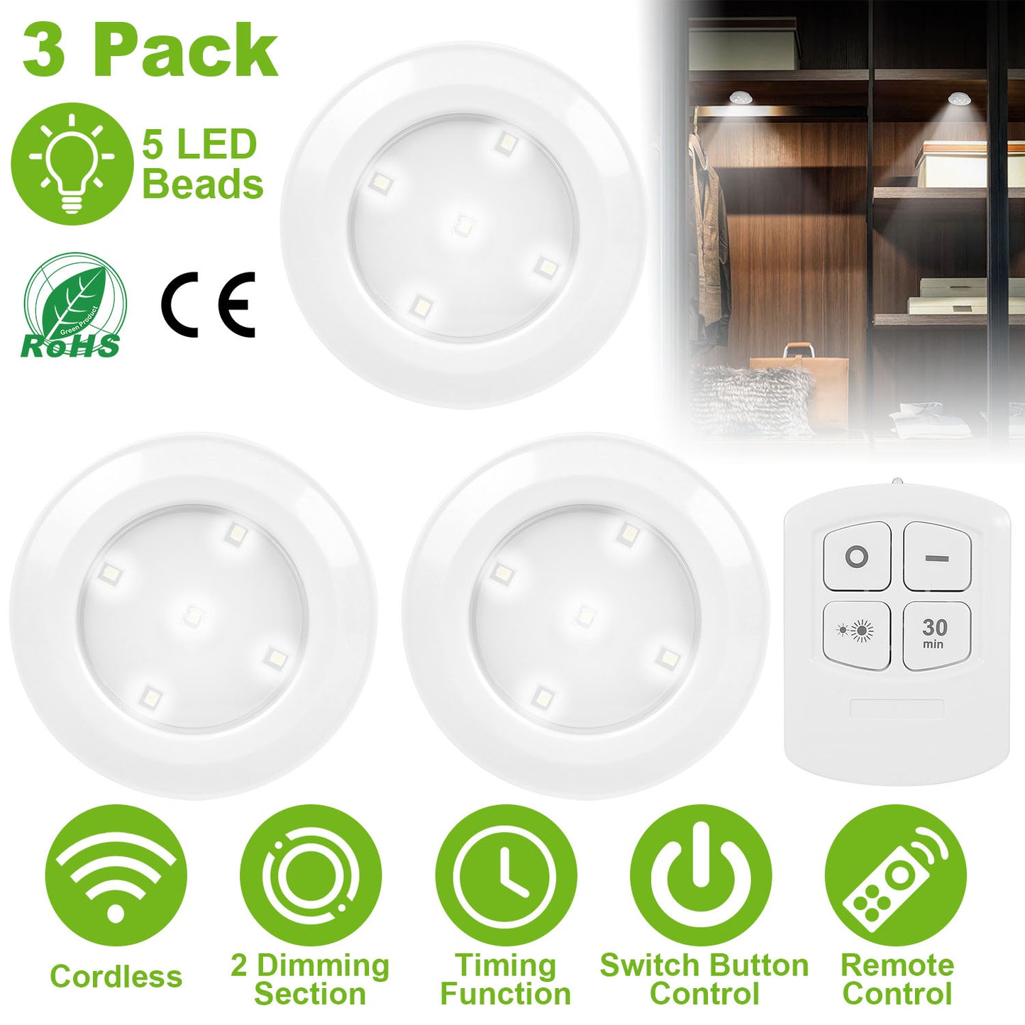 LED Night Light 3-Pack with Remote - Battery Powered Puck Lights