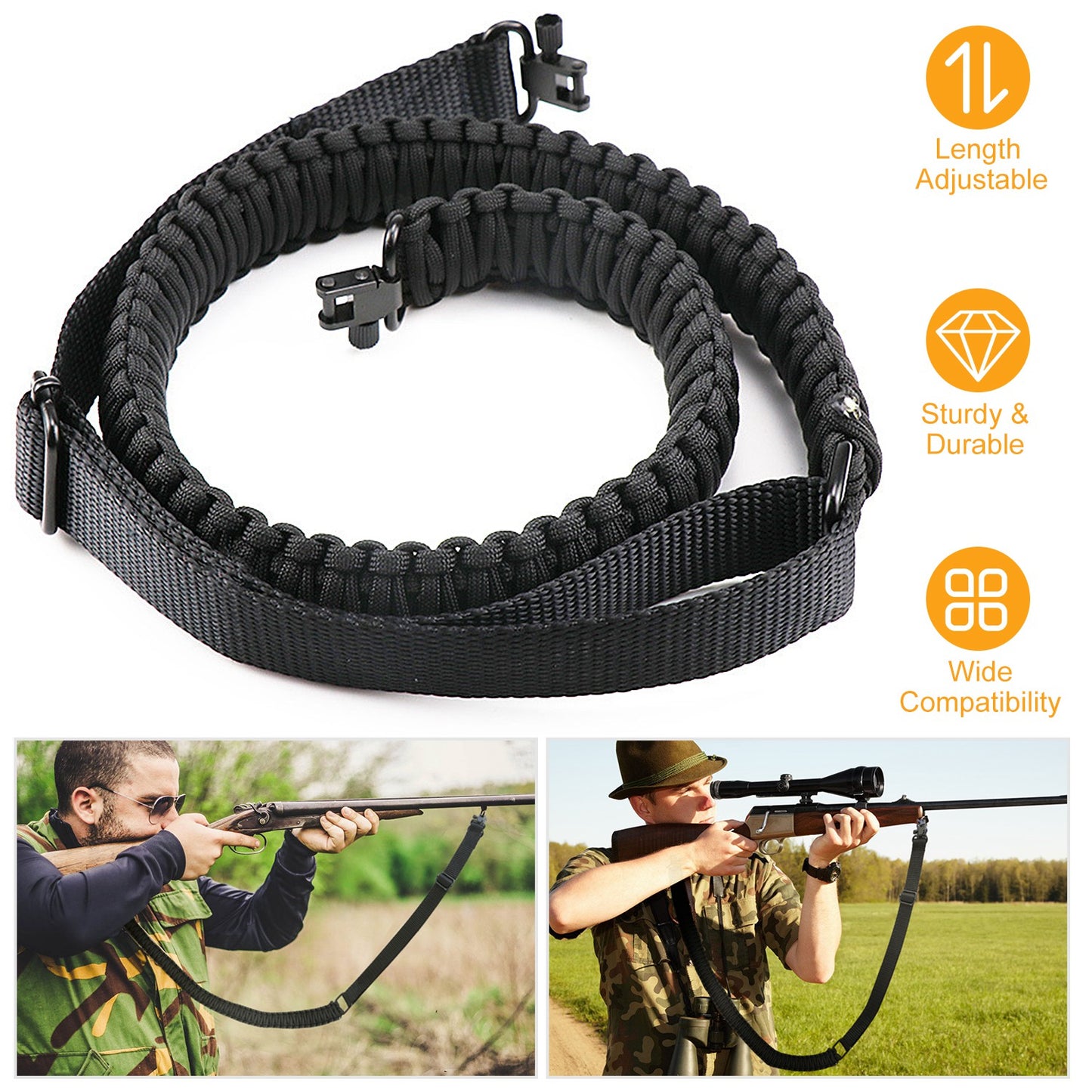 Adjustable Tactical Paracord Rifle Sling with Dual Swivels