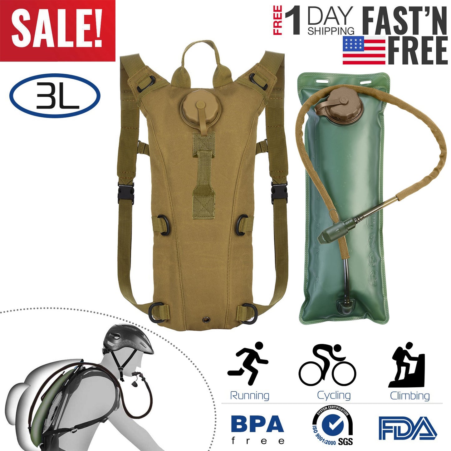 Tactical Hydration Pack with 3L Water Bladder