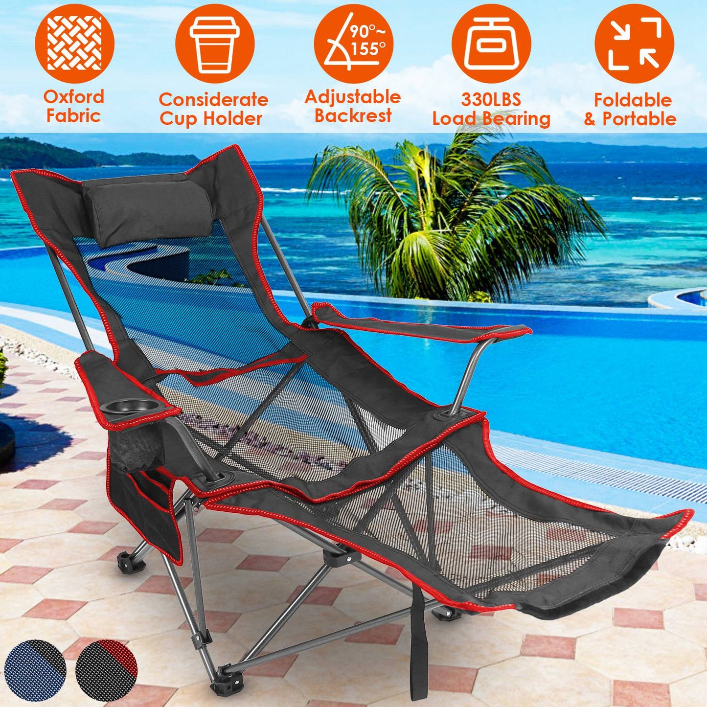Foldable Camping Chair with Reclining Backrest - 330 LBS Capacity