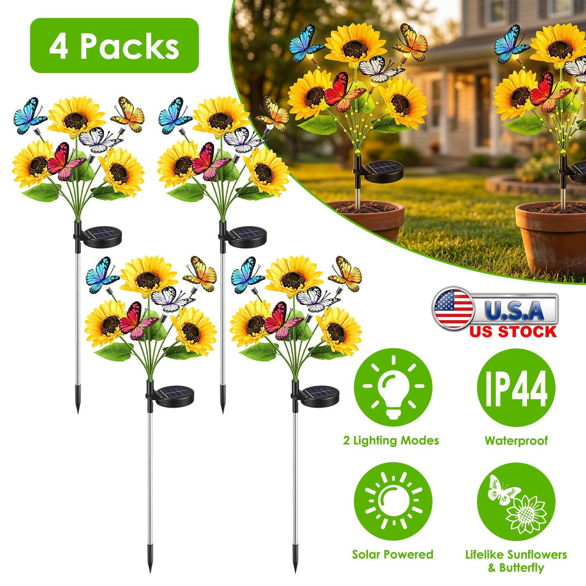 Solar Sunflower Lights with Butterfly Accents - 4 Pack