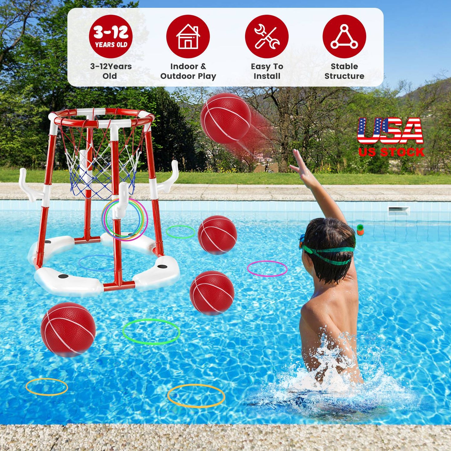 Pool Basketball Hoop Set with 4 Balls & Pump for Kids
