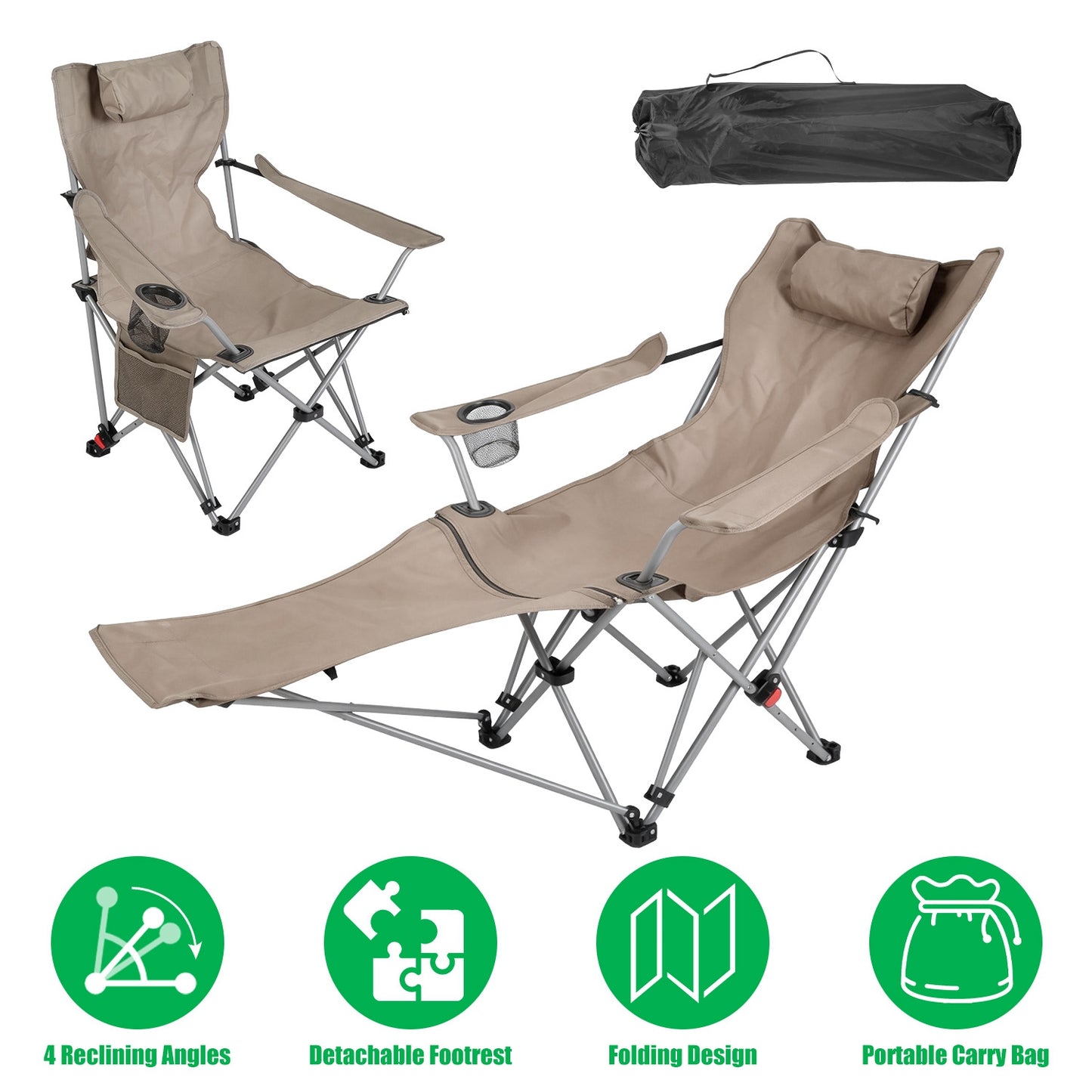 Reclining Camping Chair with Footrest - 4-Position Adjustable